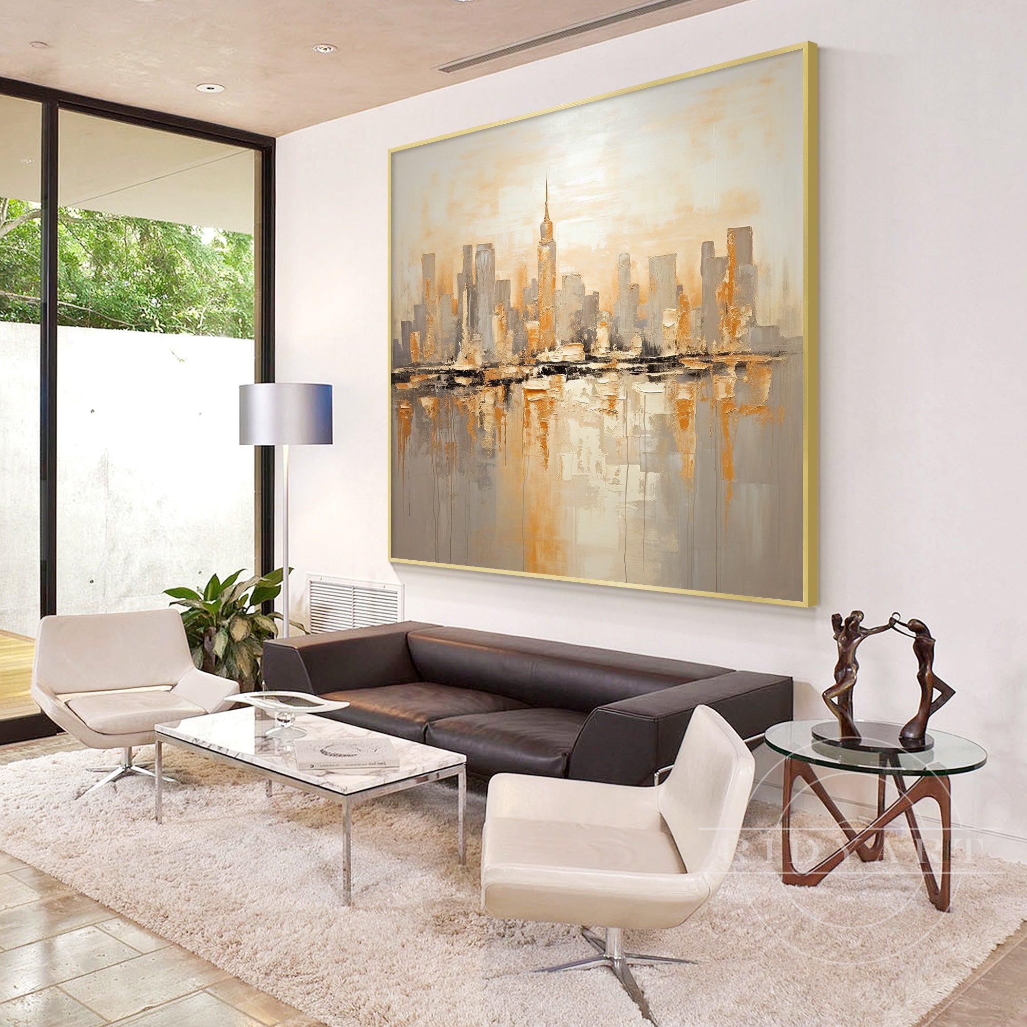 Luxury gold NYC skyline wall art for modern decor.