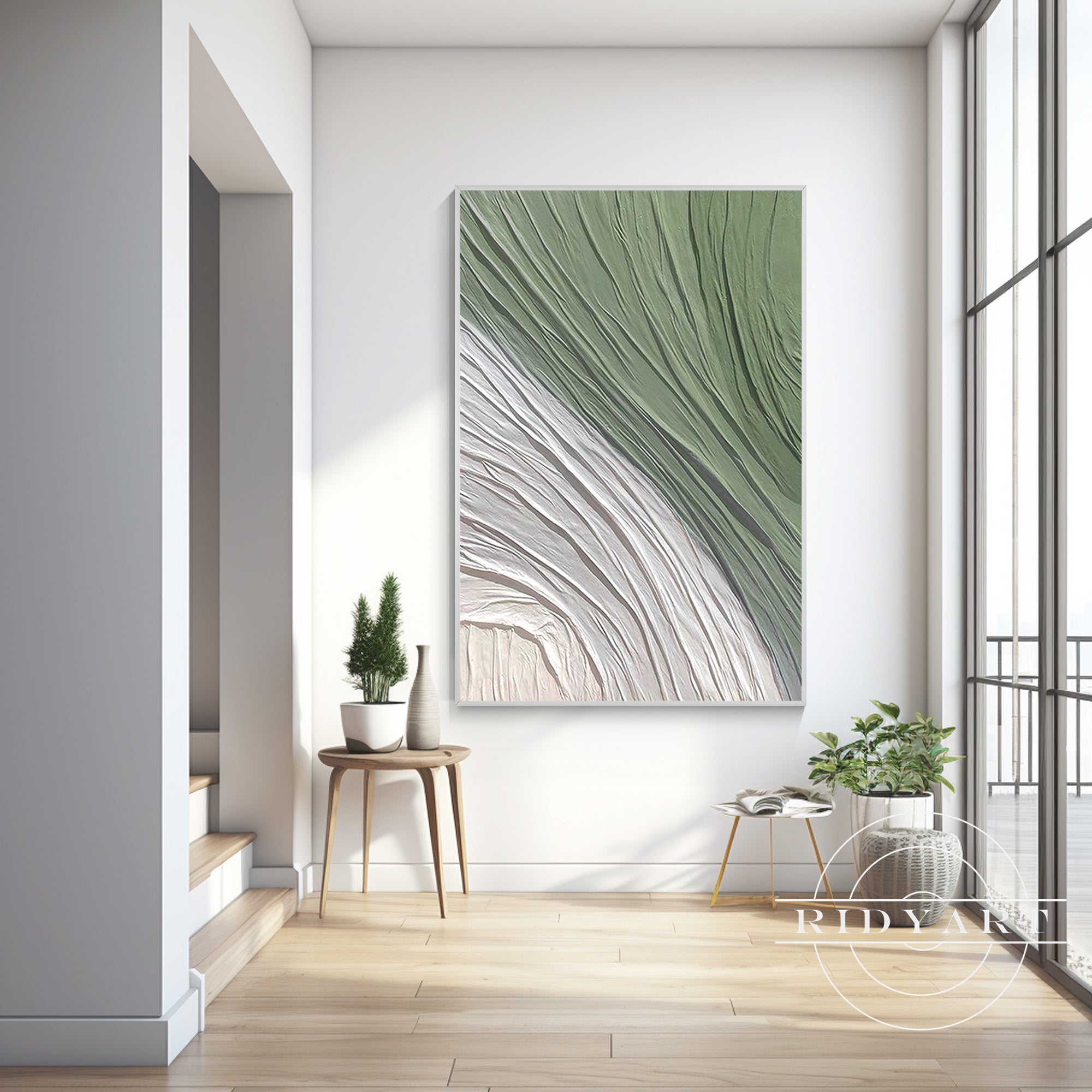 Elegant Olive Green & White Minimalist Textured Wall Art