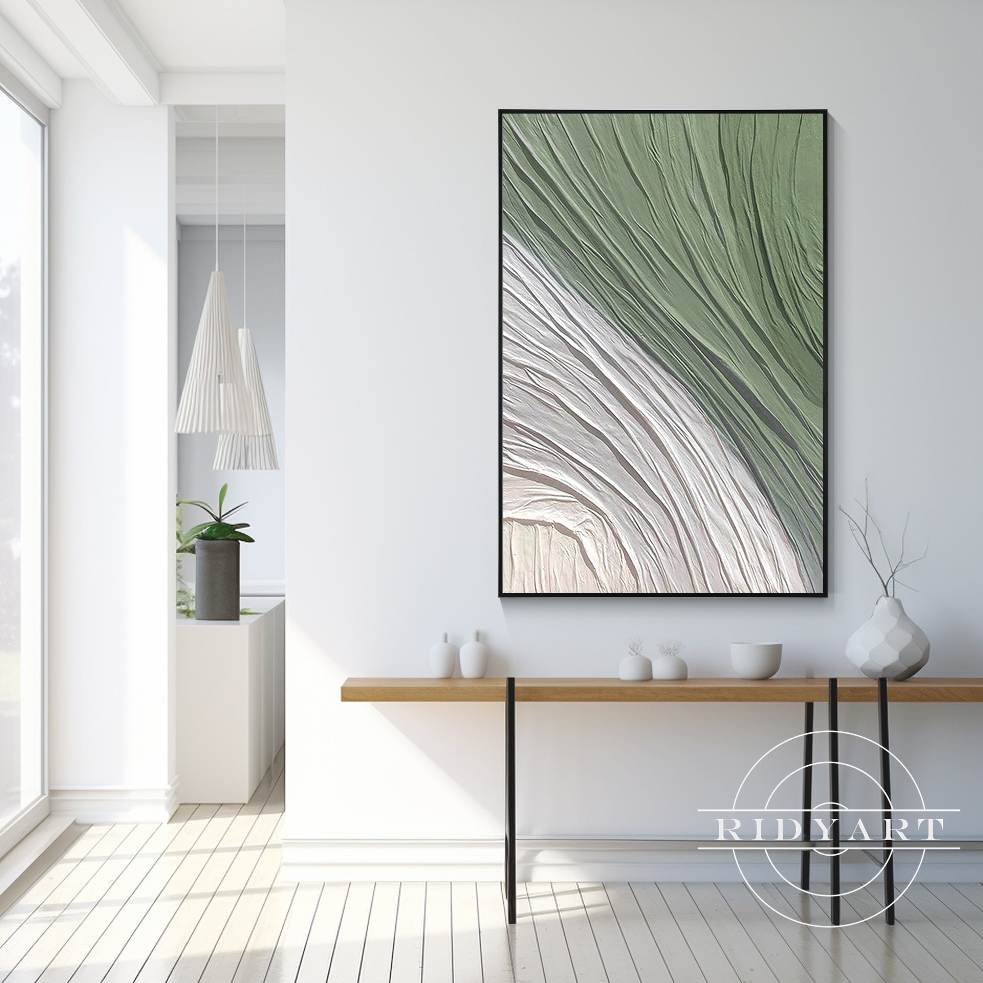 Elegant Olive Green & White Minimalist Textured Wall Art