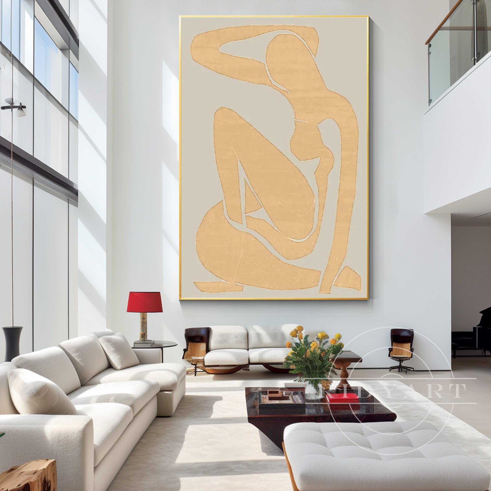 Minimalist wall art of a woman’s body silhouette in beige and gold tones with simple line shapes, inspired by Matisse, on a white background.