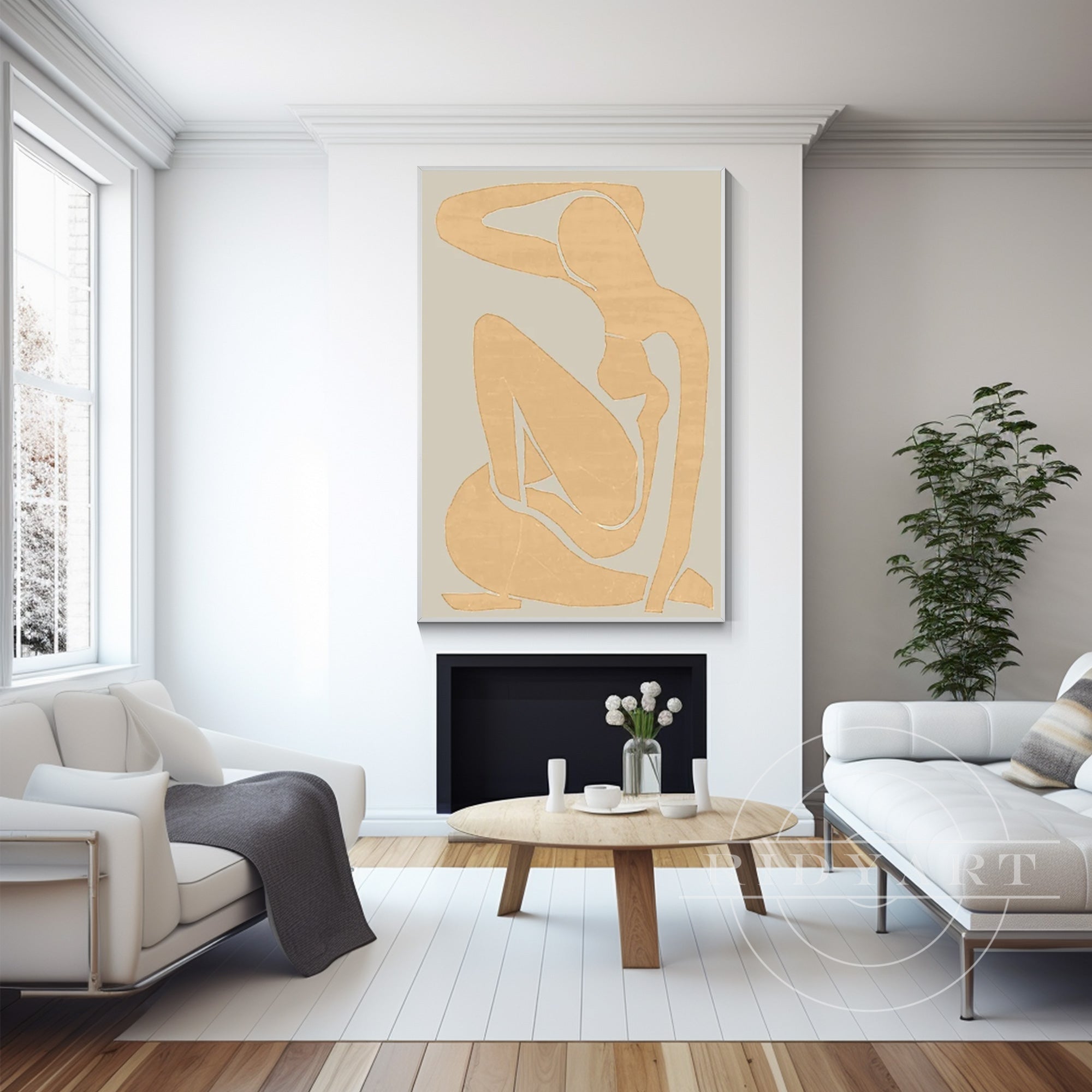 Minimalist wall art of a woman’s body silhouette in beige and gold tones with simple line shapes, inspired by Matisse, on a white background.