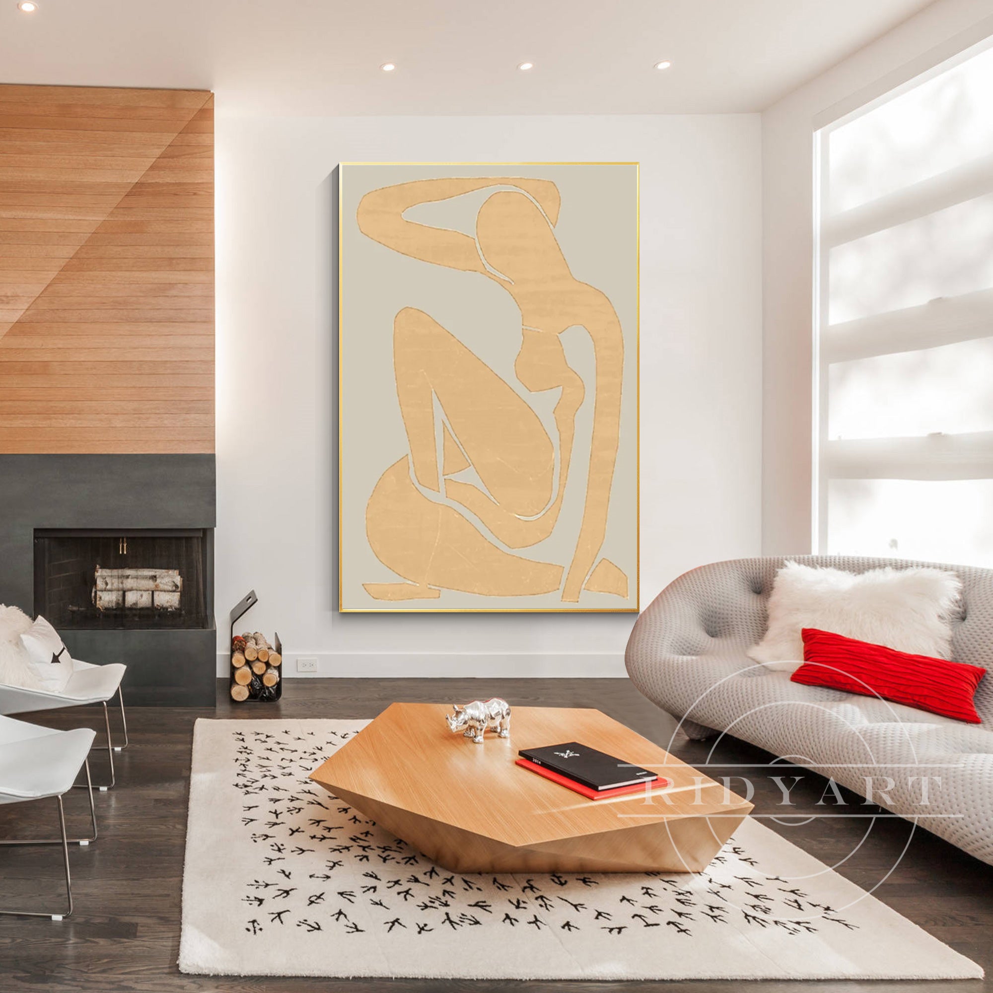 Minimalist wall art of a woman’s body silhouette in beige and gold tones with simple line shapes, inspired by Matisse, on a white background.