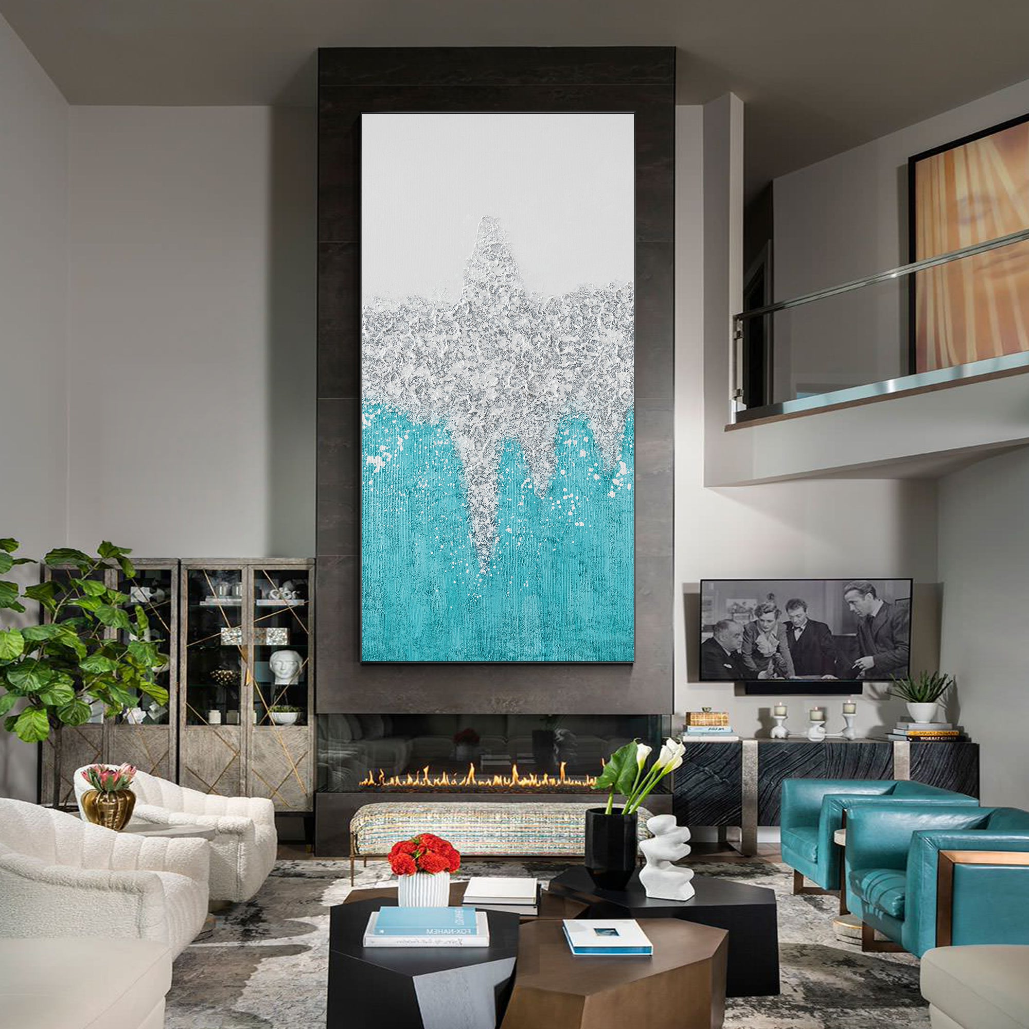 Teal Silver Sparkly Bling Texture Abstract Oil Painting