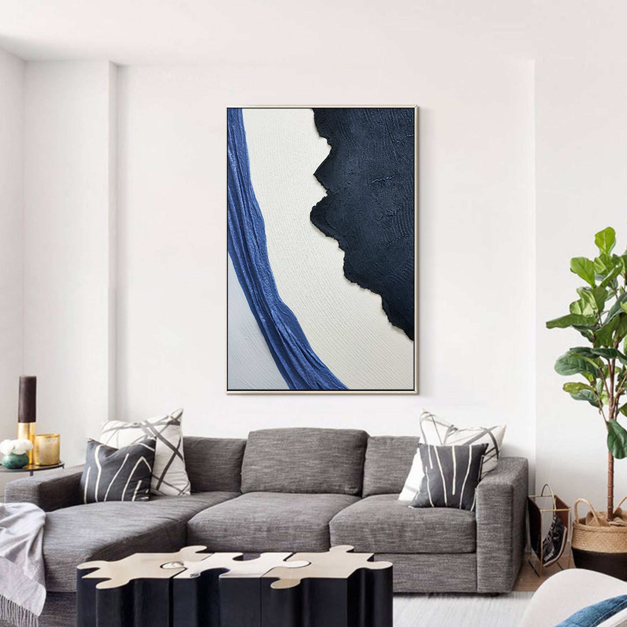 Navy Blue Texture Modern Abstract Oil Painting