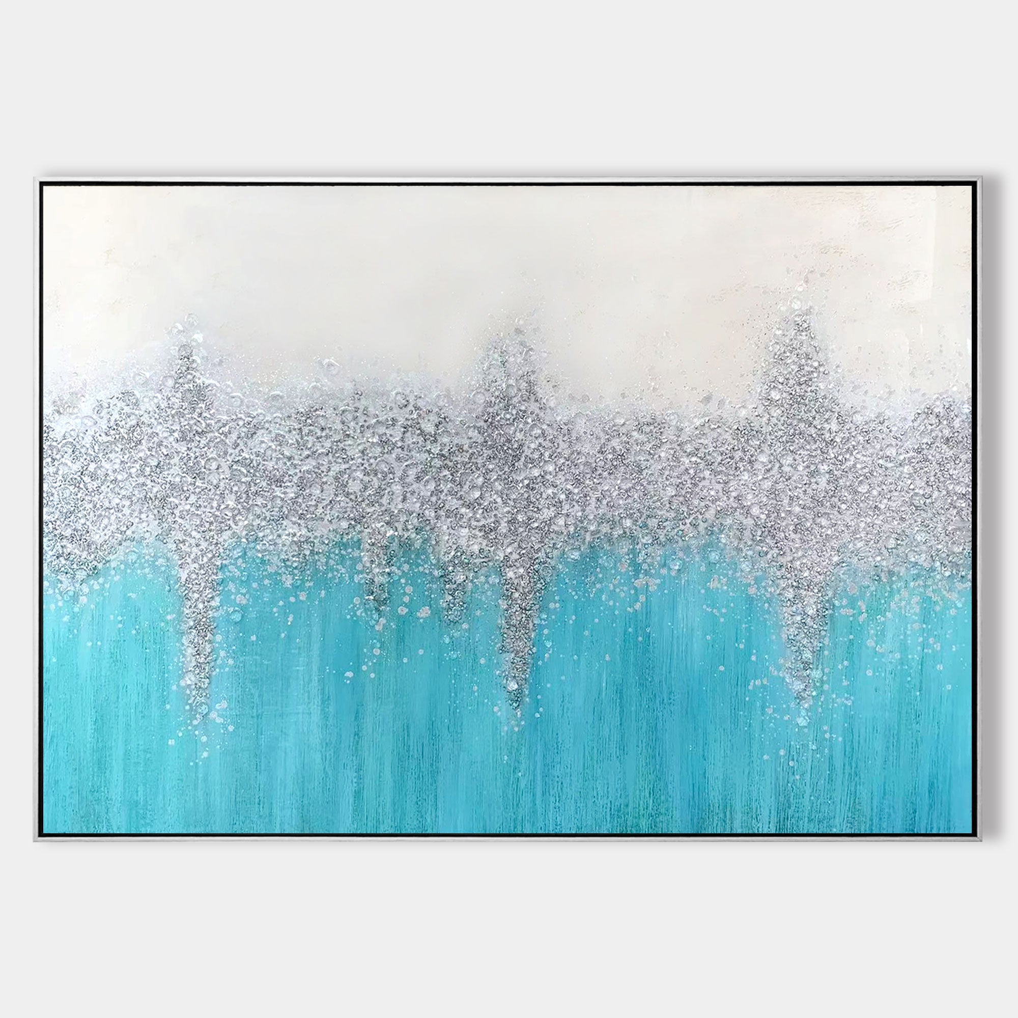 Teal Silver Abstract Oil Painting Framed