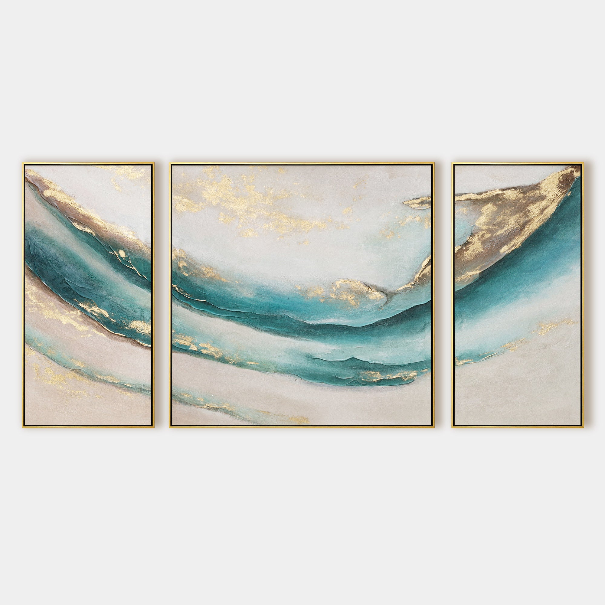 Set Of 3 Abstract Teal Gold Oil Painting