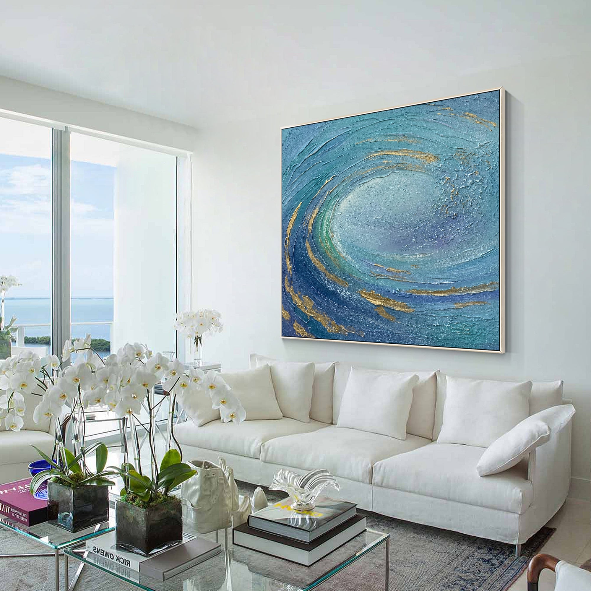 Large Blue Ocean Wave Abstract Oil Painting