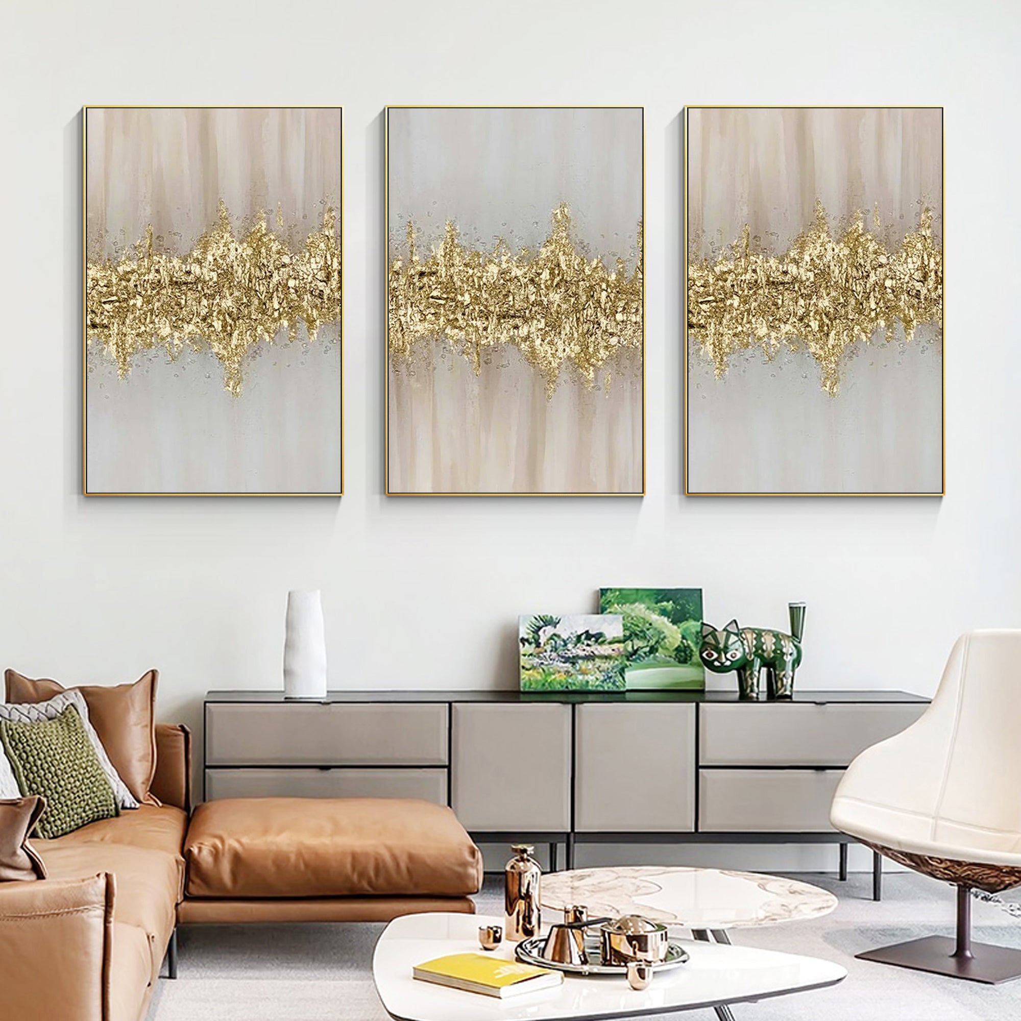 Set of 3 Pink and Gold Leaf Abstract Oil Painting