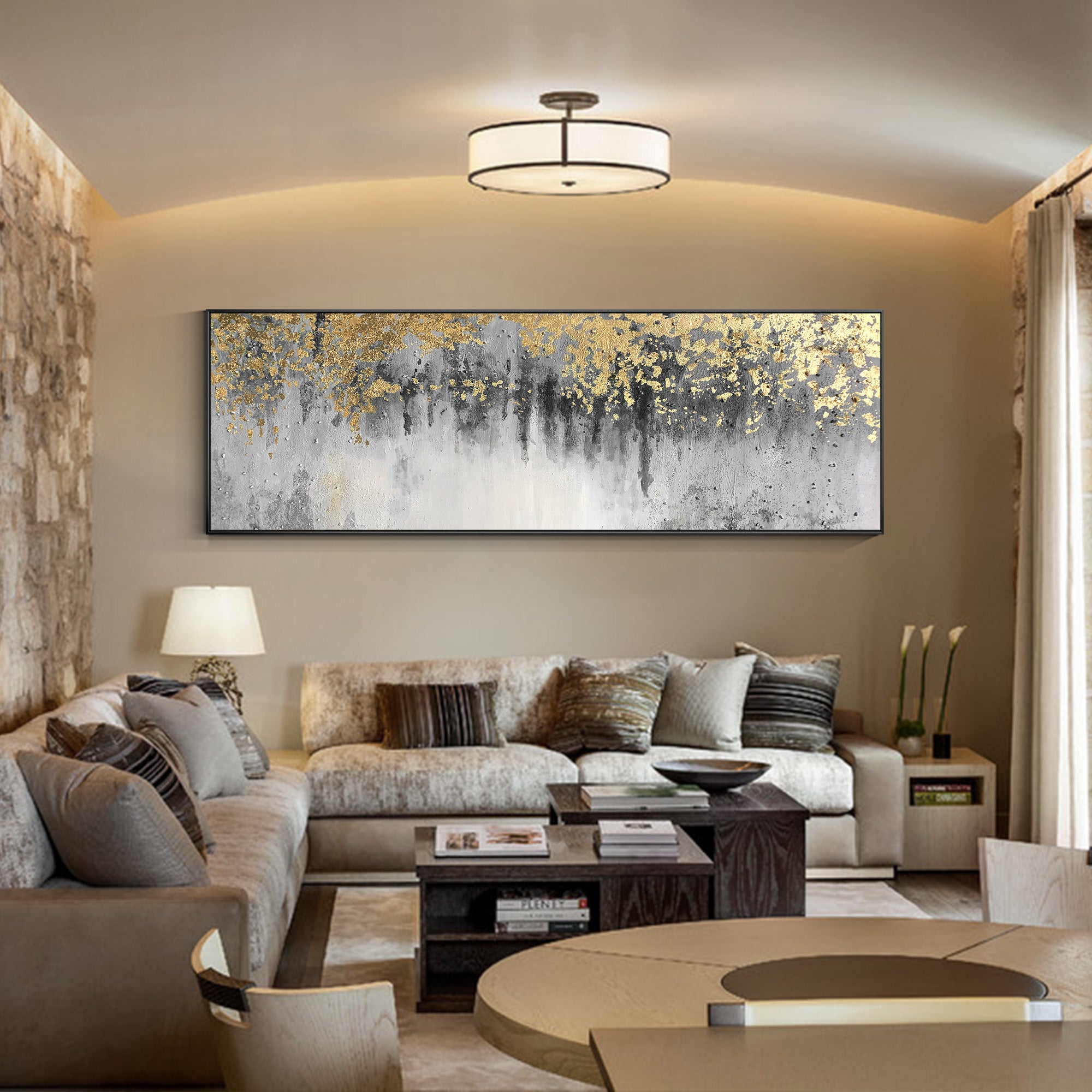 Modern Abstract Oil Painting Gold Leaf Long Wall Art