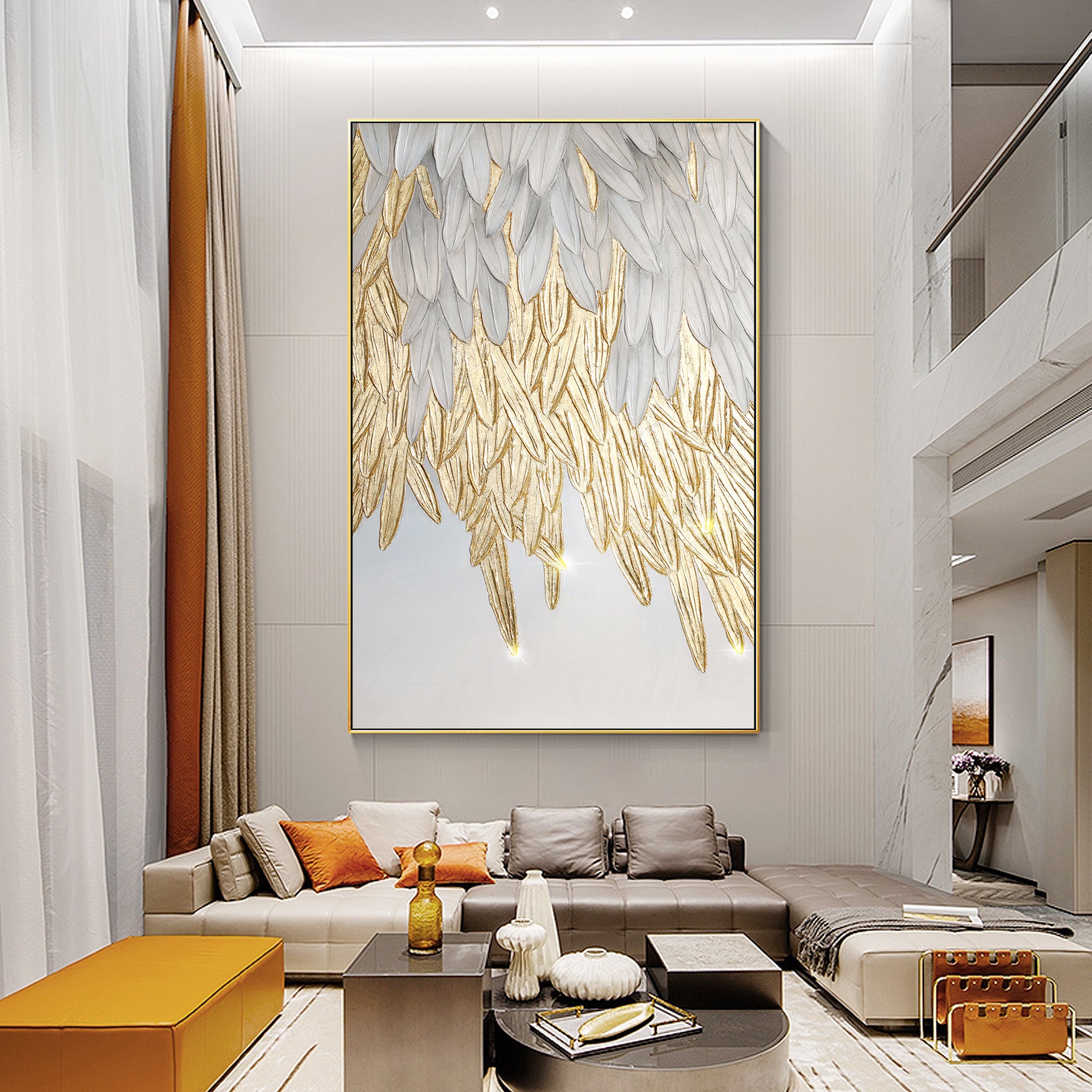 Abstract Gold and white texture Feather Oil Painting