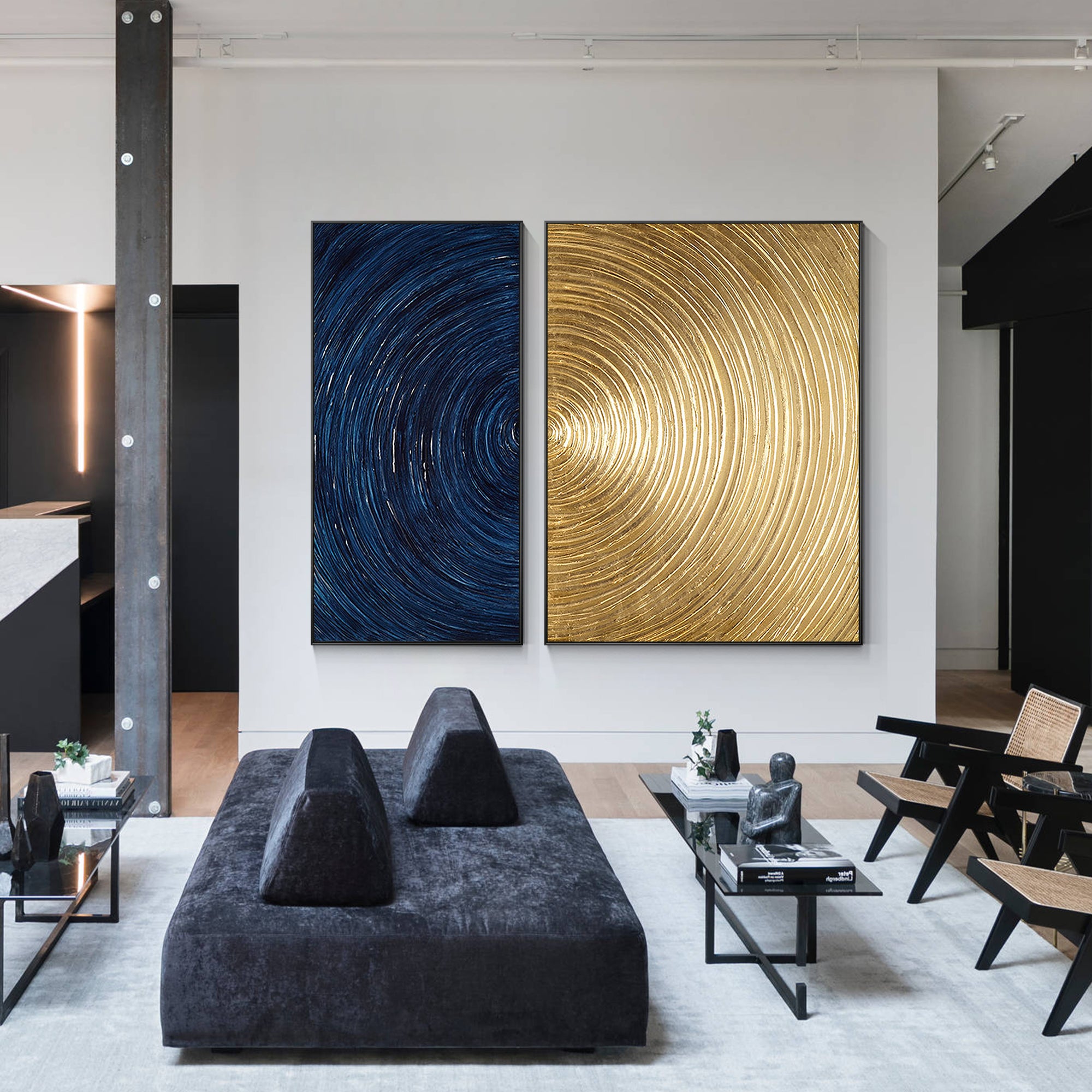 2 Pieces Navy and Gold Circle Abstract Oil Painting