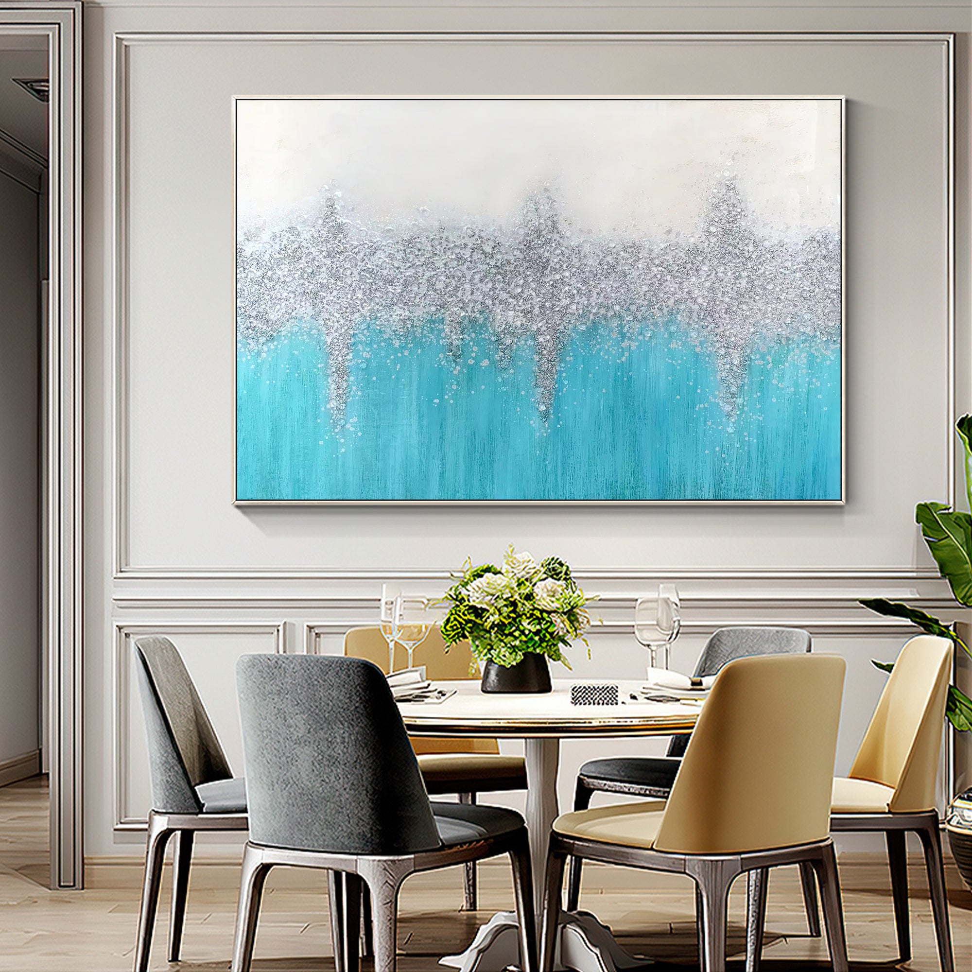 Teal Silver Abstract Oil Painting Framed