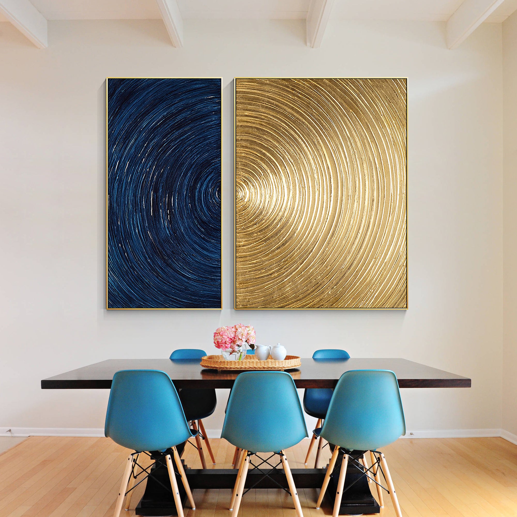 2 Pieces Navy and Gold Circle Abstract Oil Painting