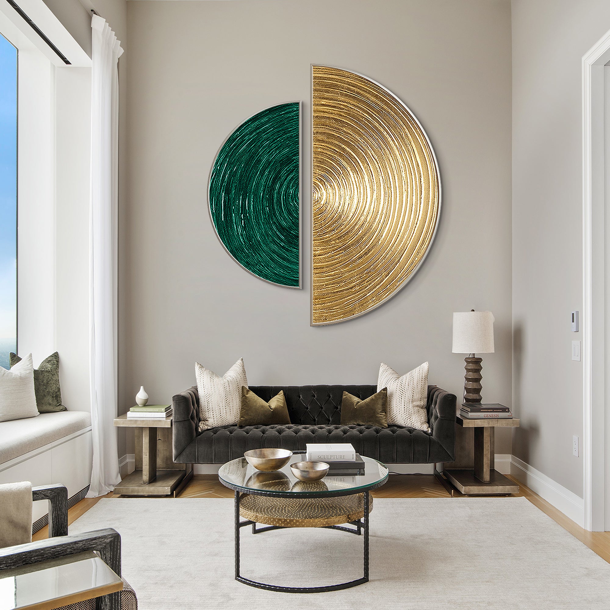 Green And Gold Leaf Oil Painting Round Art