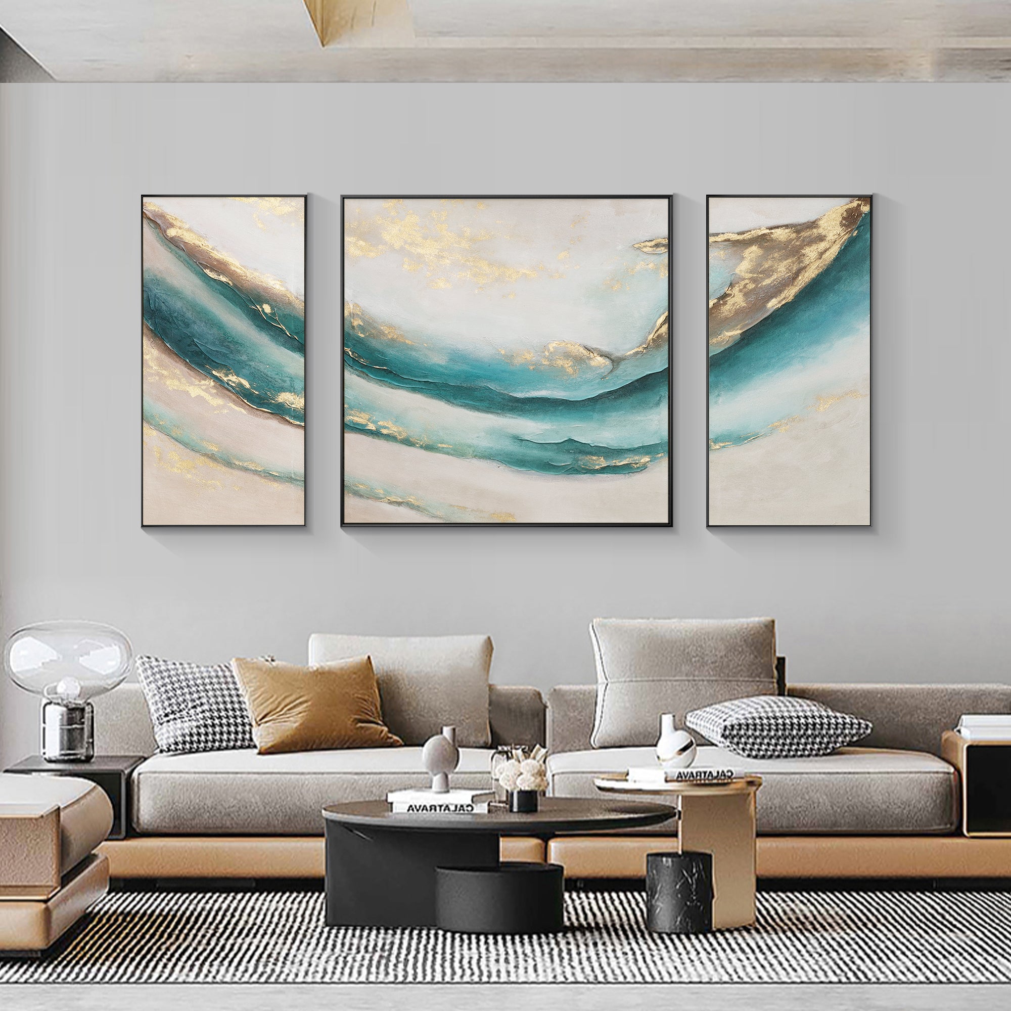 Set Of 3 Abstract Teal Gold Oil Painting