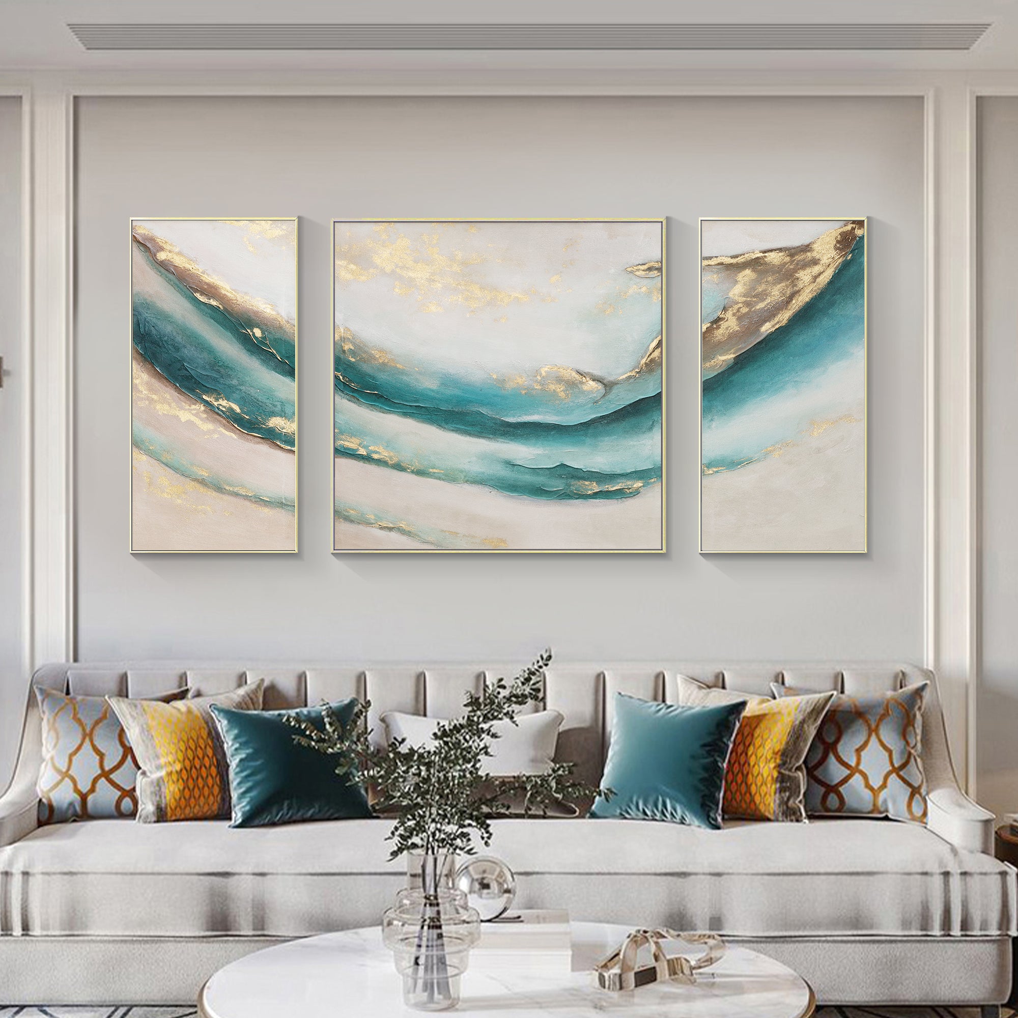 Set Of 3 Abstract Teal Gold Oil Painting