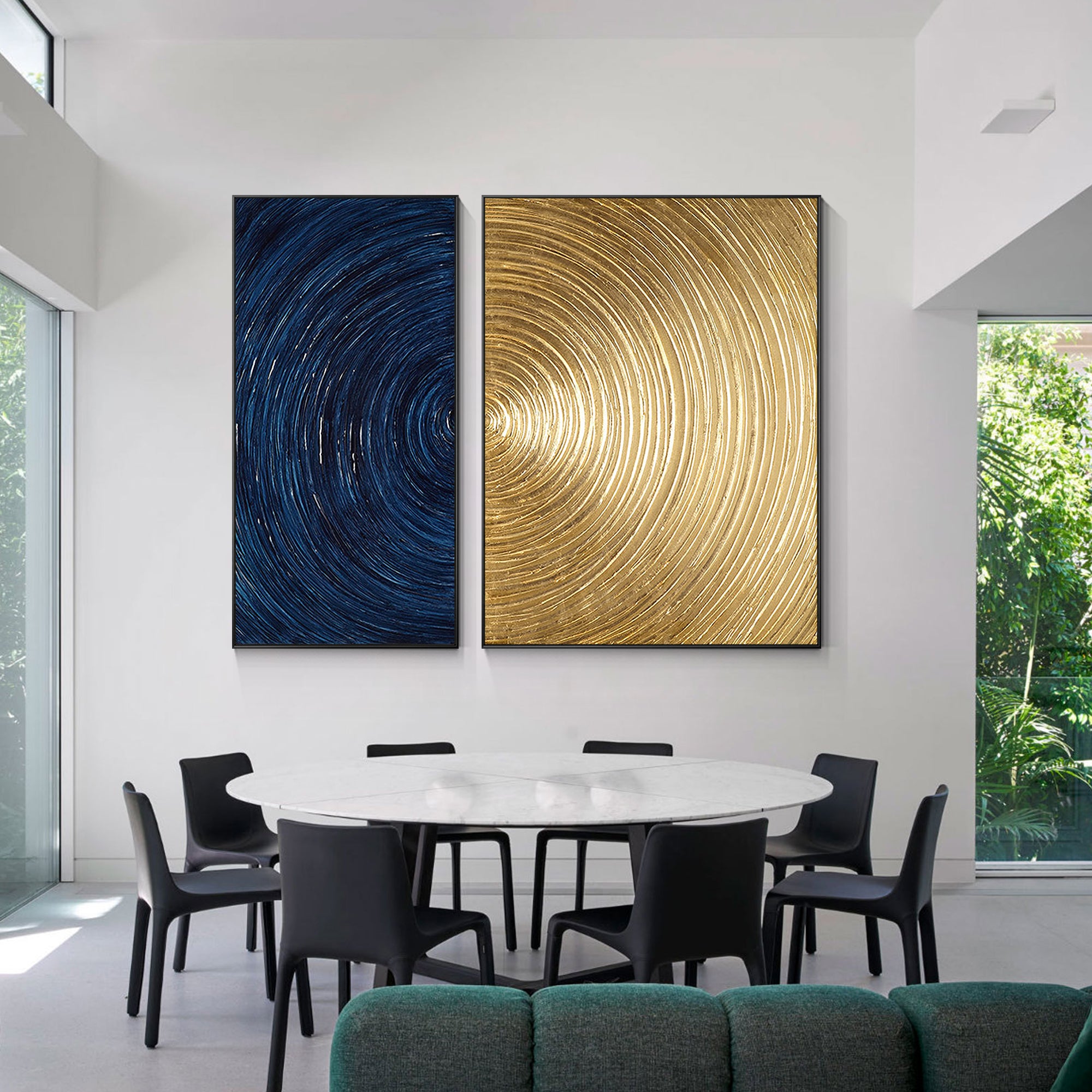 2 Pieces Navy and Gold Circle Abstract Oil Painting