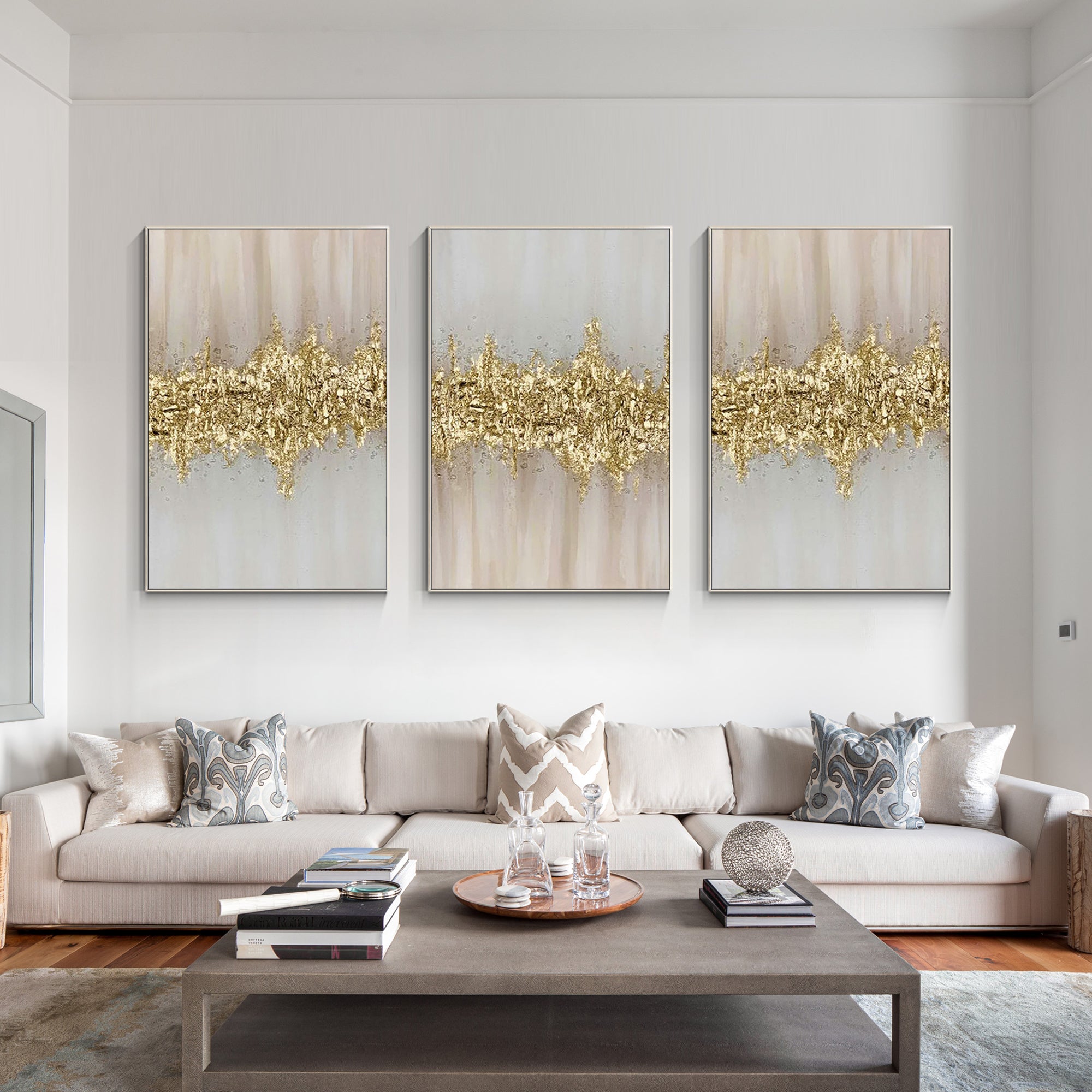 Set of 3 Pink and Gold Leaf Abstract Oil Painting