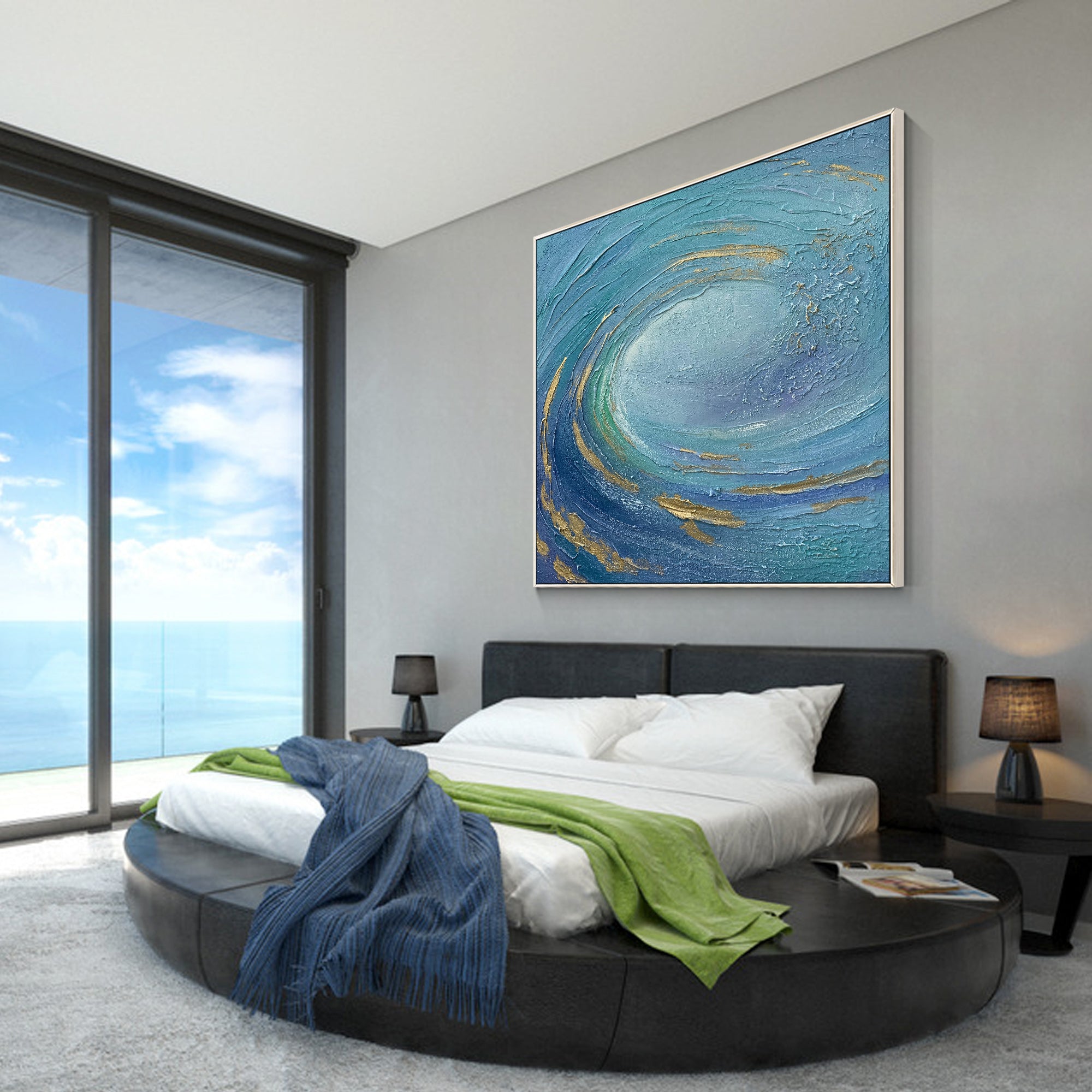 Large Blue Ocean Wave Abstract Oil Painting