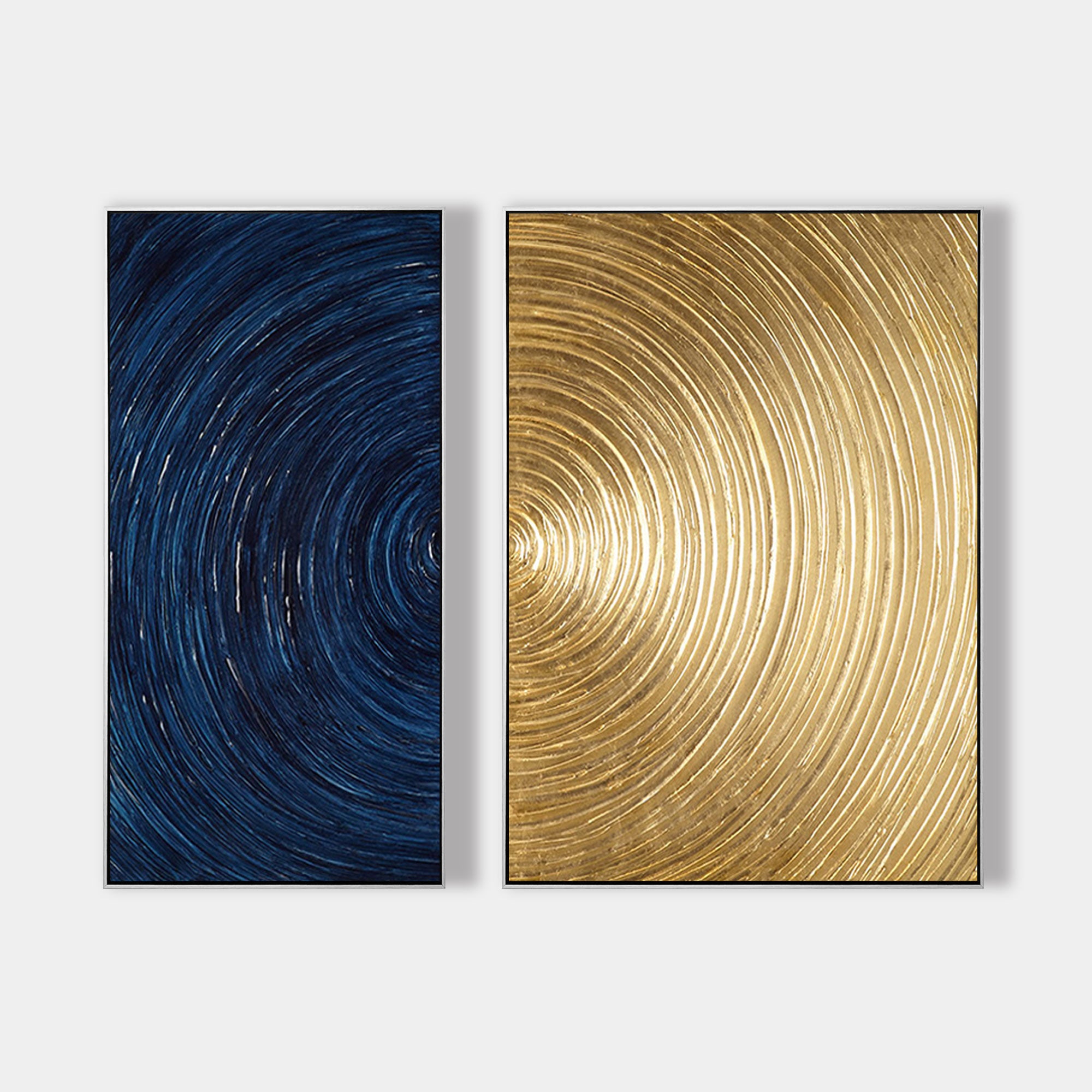 2 Pieces Navy and Gold Circle Abstract Oil Painting