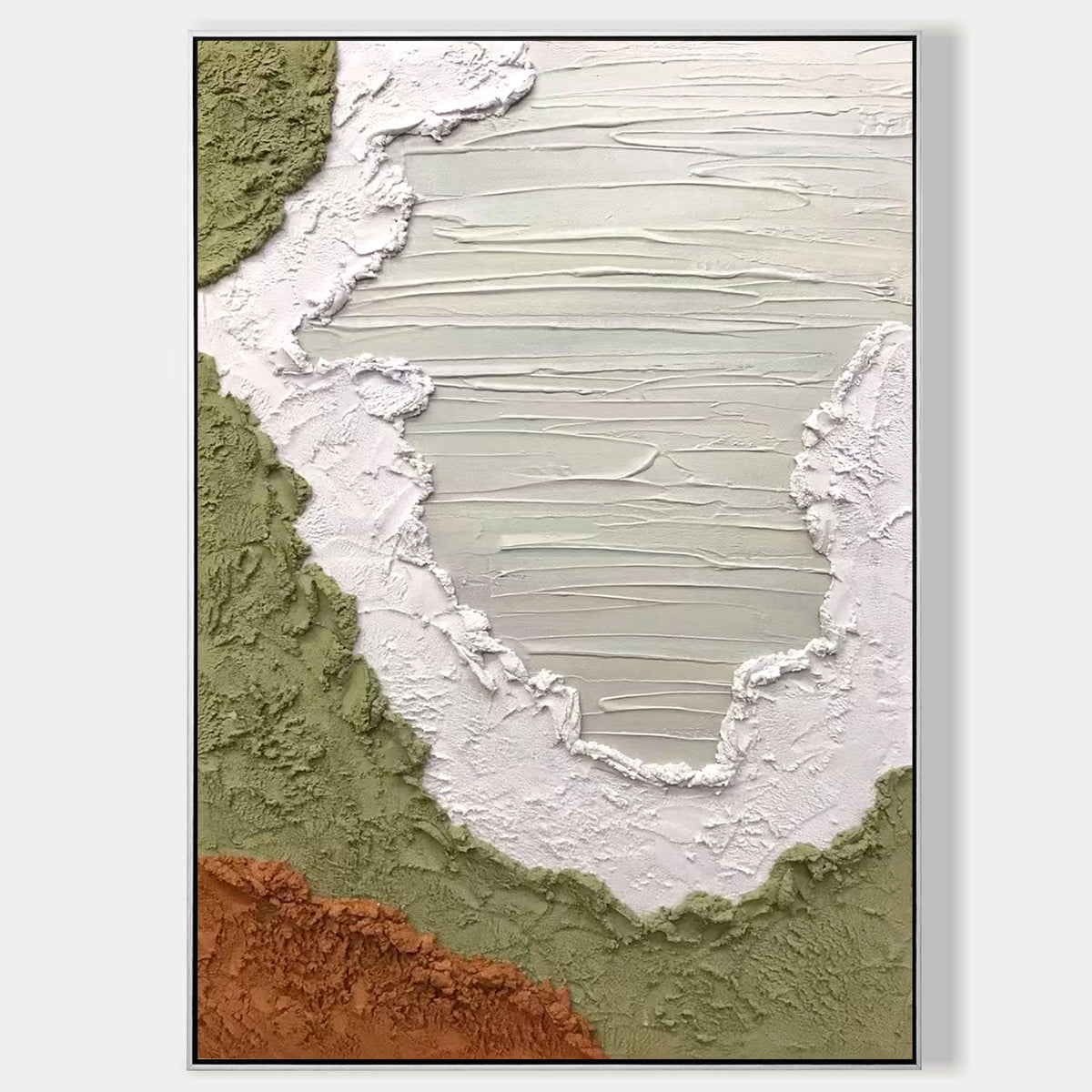 Modern Abstract Oil Painting – Green & White Textured Wall Art
