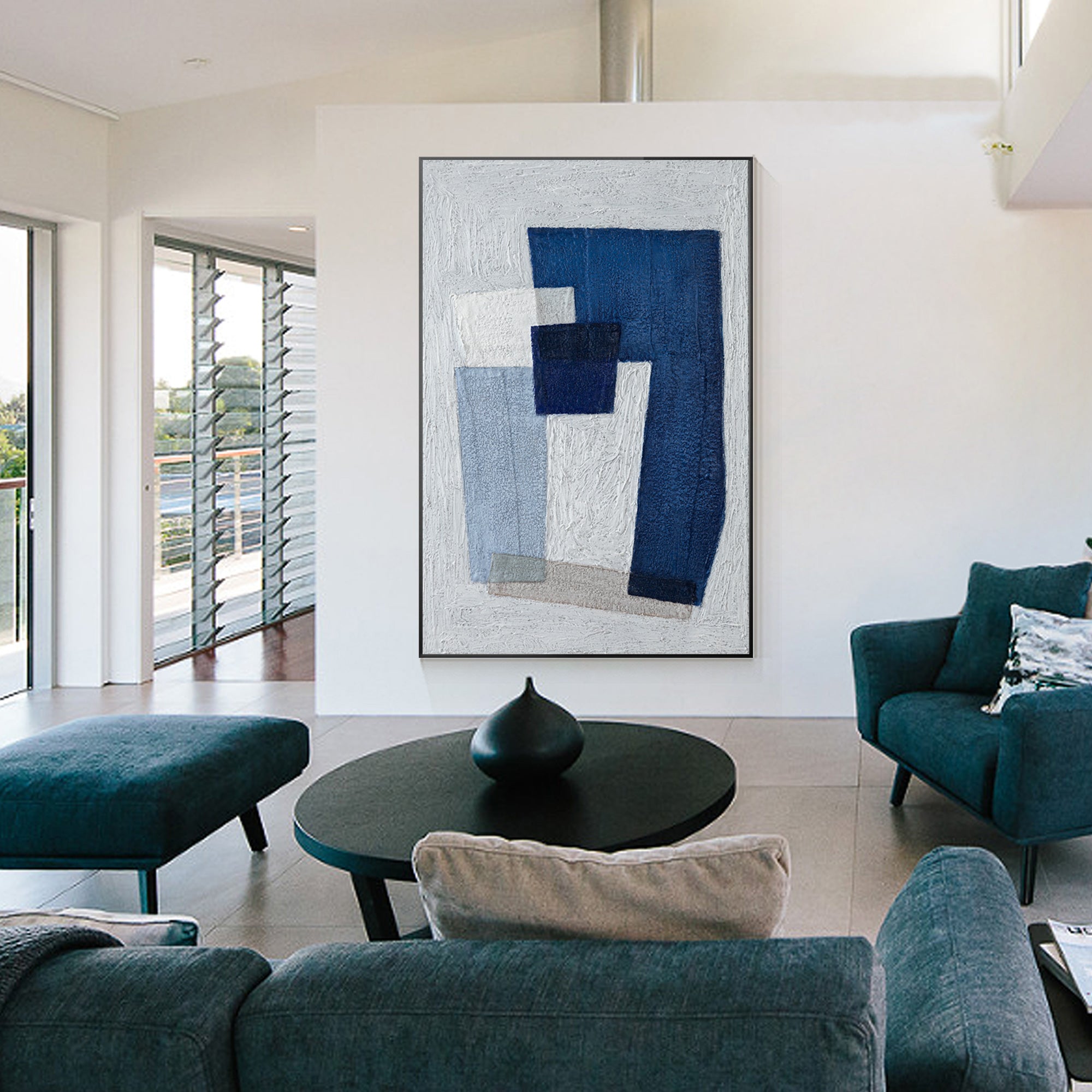 Modern Blue Gray Geometric Oil Painting