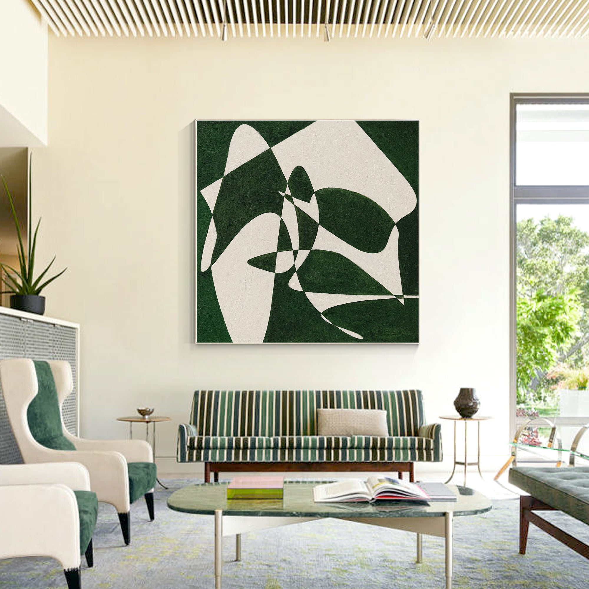 Hunter Green Abstract Geometric Oil Painting