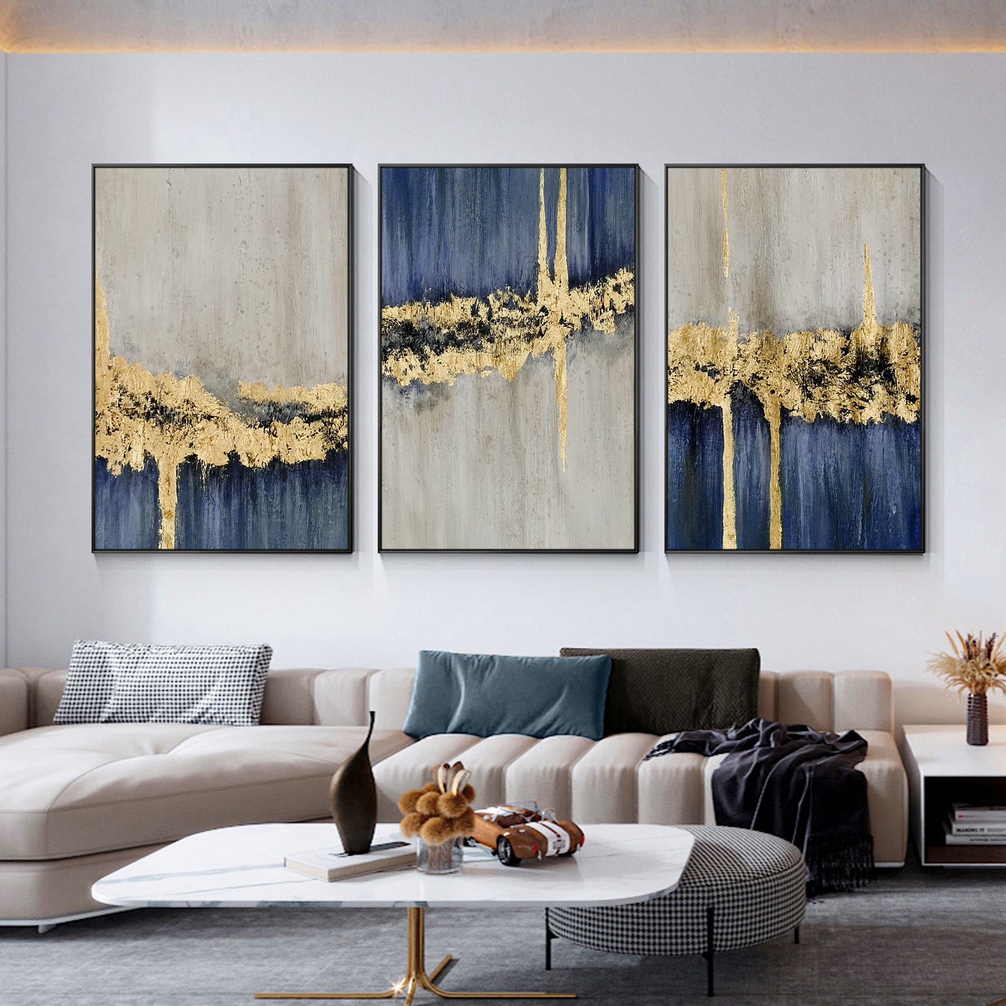 3 pieces Blue And Gold Modern Abstract Oil Painting