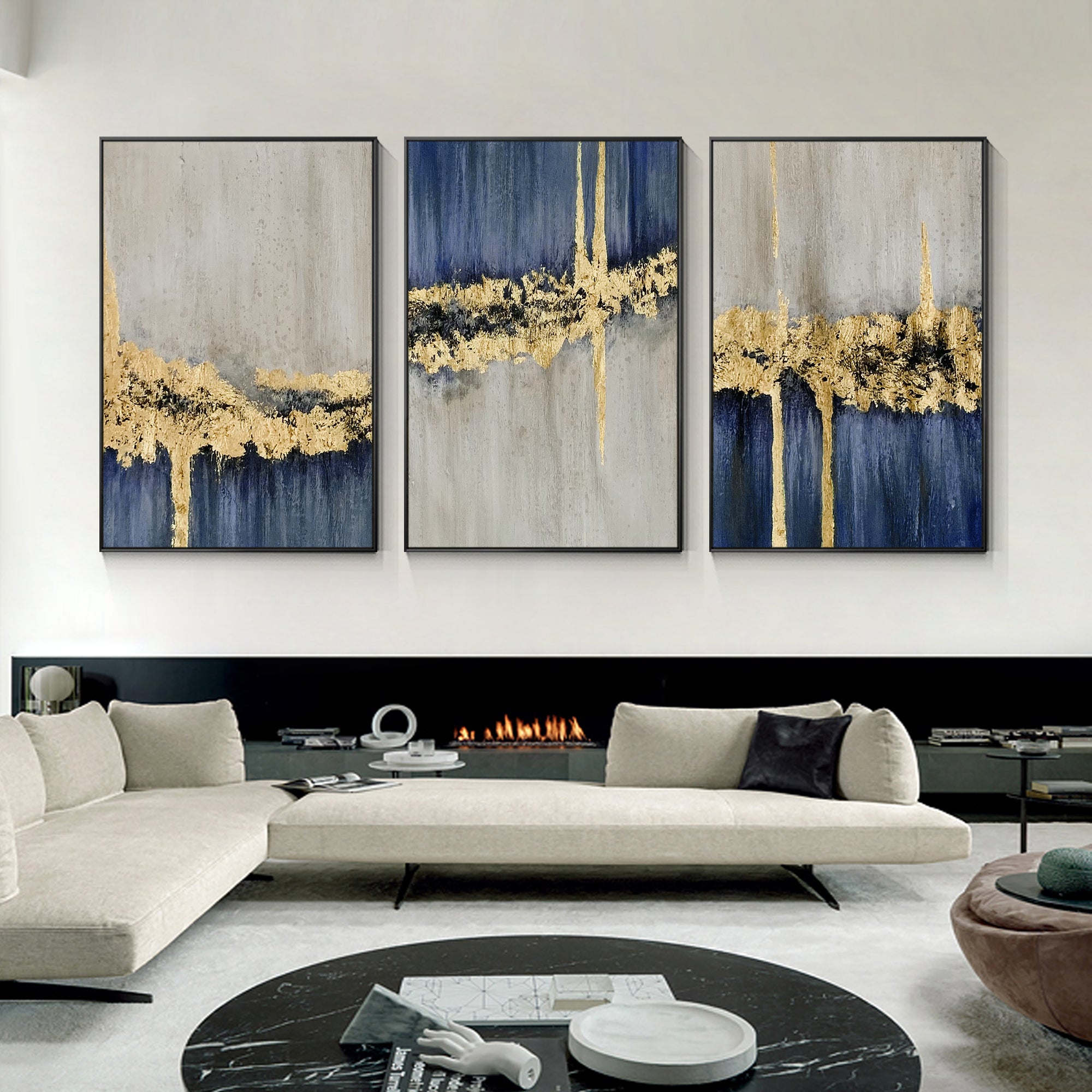 3 pieces Blue And Gold Modern Abstract Oil Painting