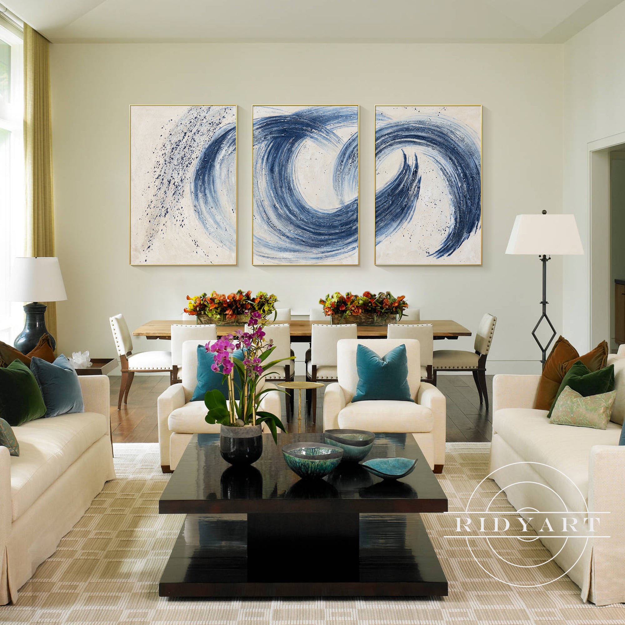 Hand-painted blue abstract wall art