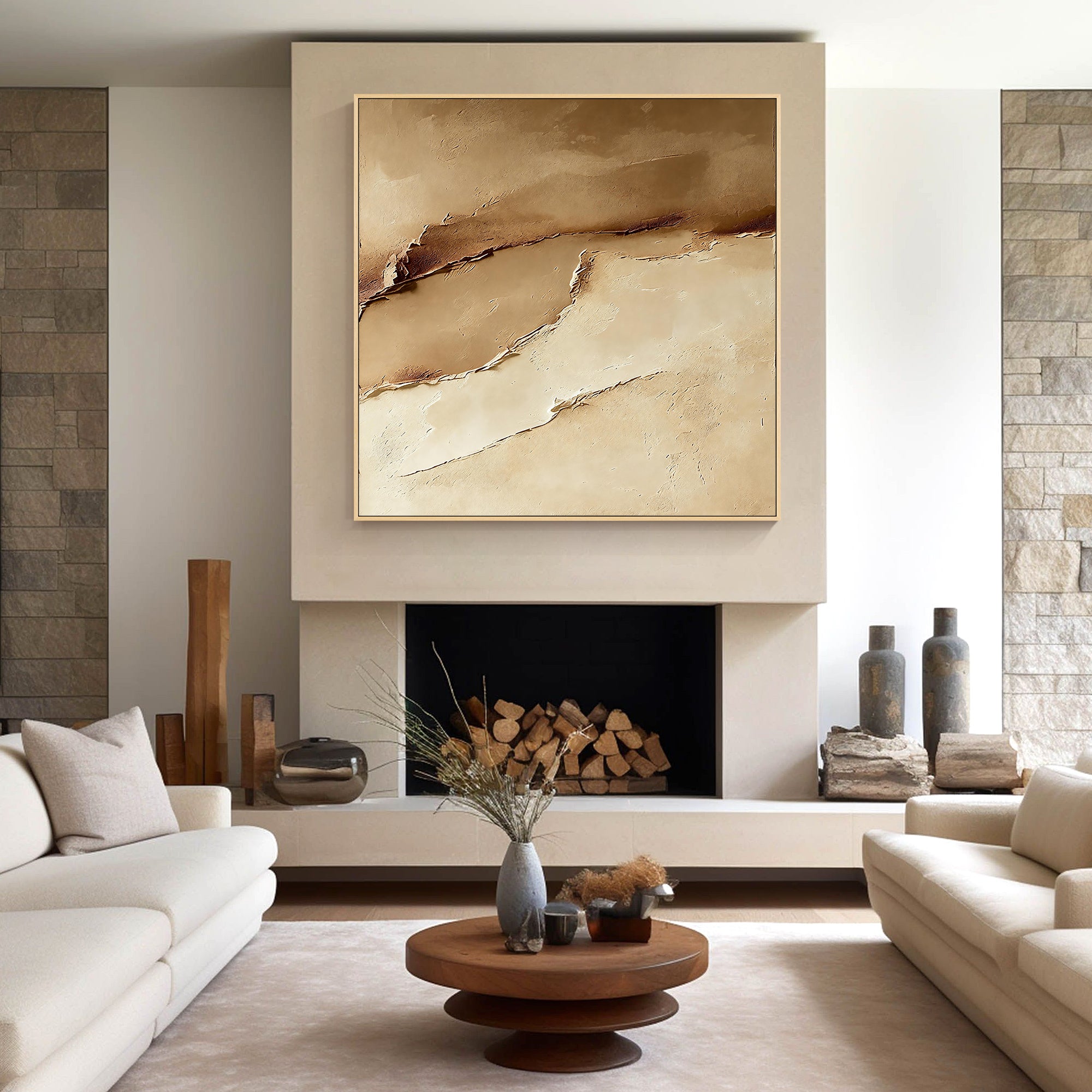 Neutral textured wall decor with earthy tones in cozy lounge