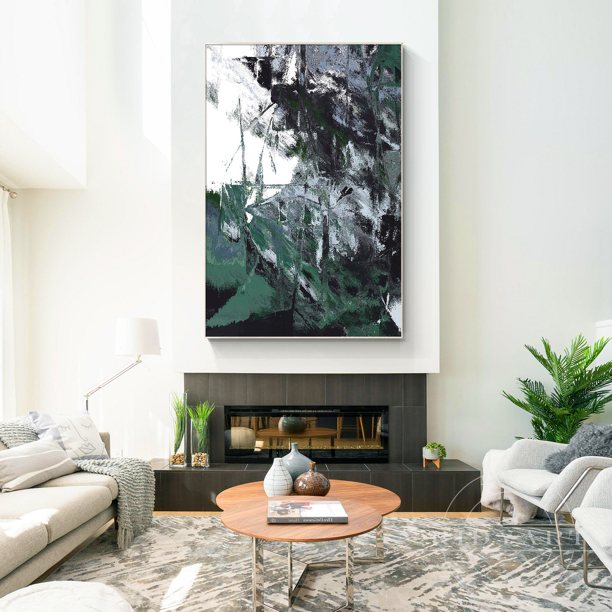 Elegant green and gray abstract oil painting for home decor
