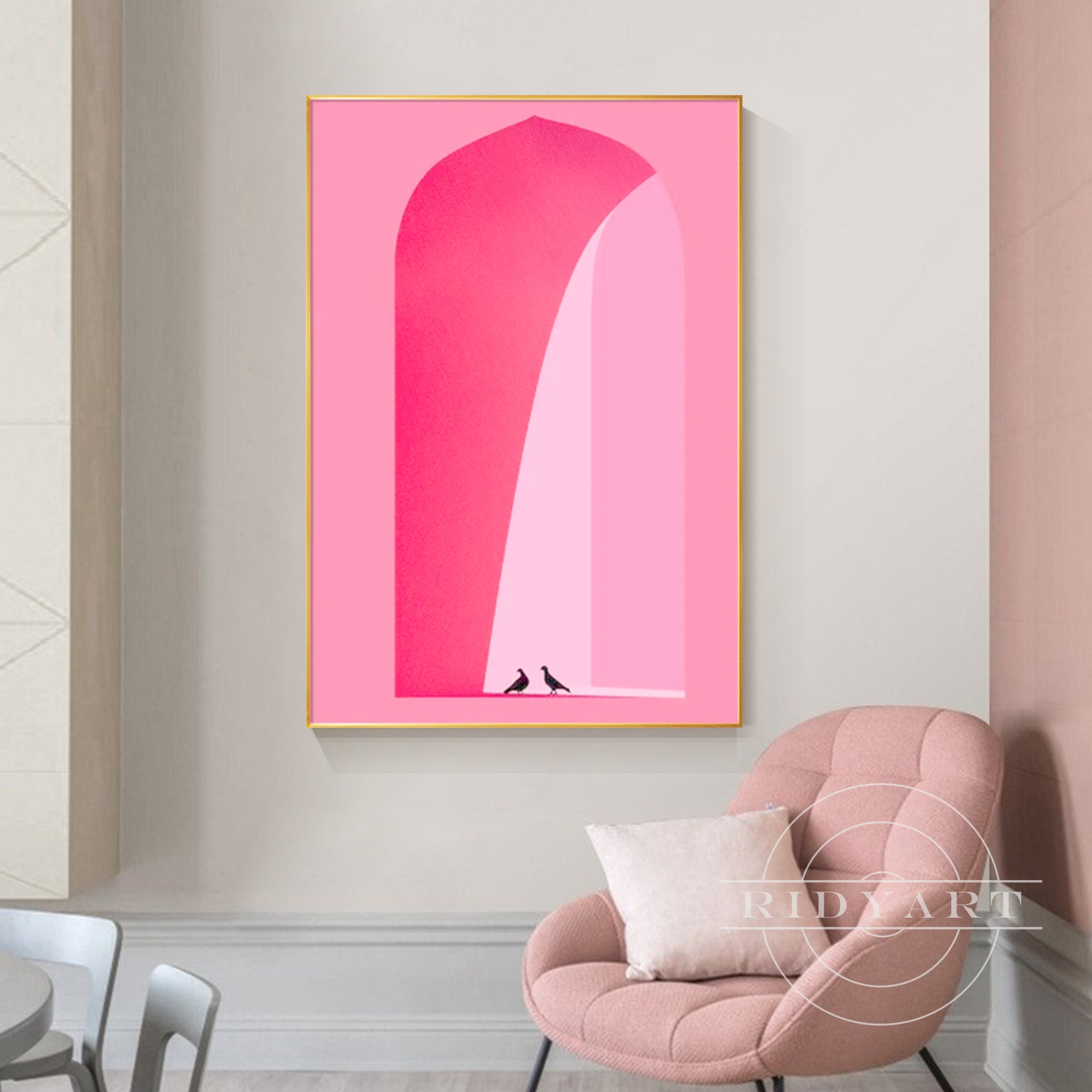 Hand-painted pink archway wall art – serene and elegant