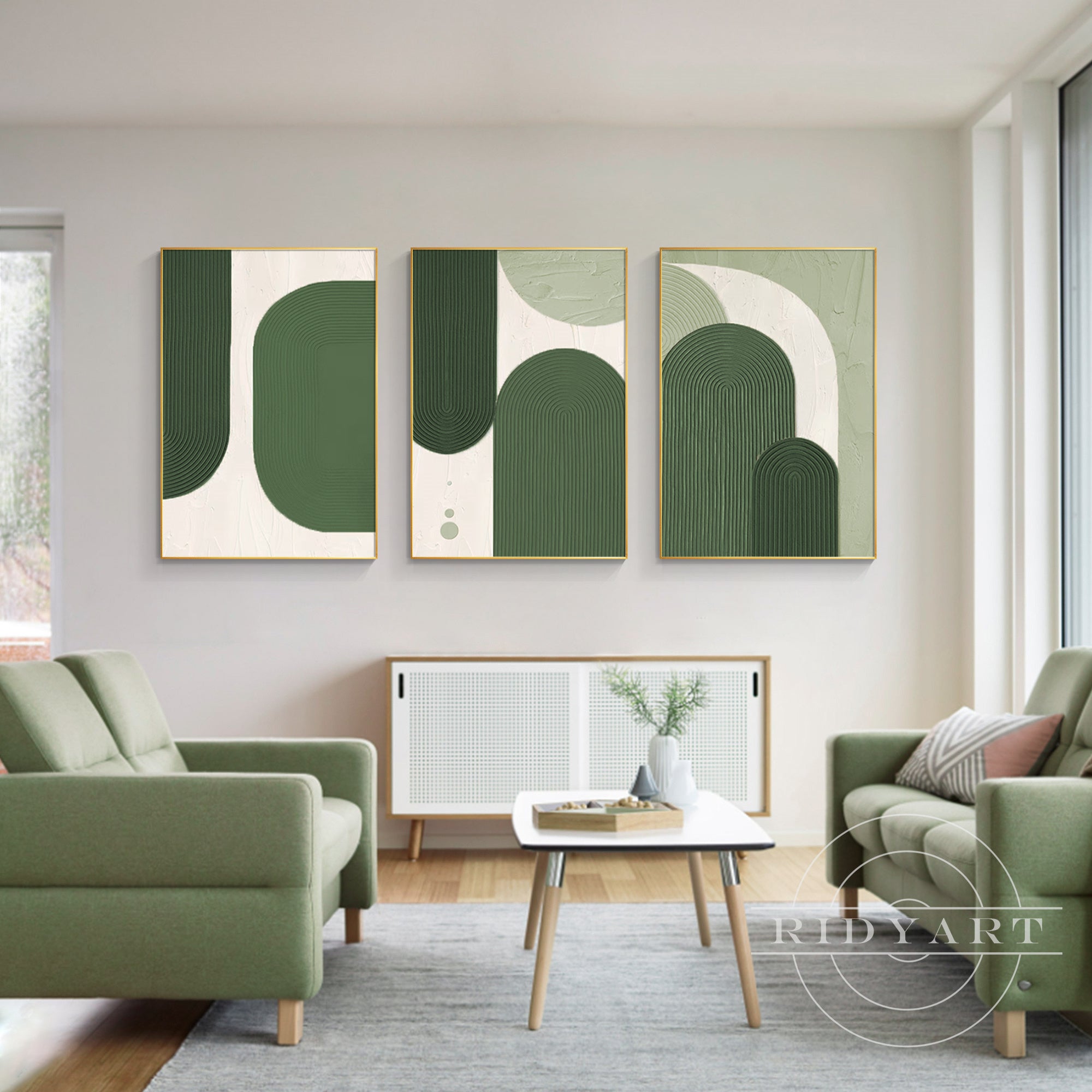 Hand-painted triptych in sage green – elegant living room wall ar