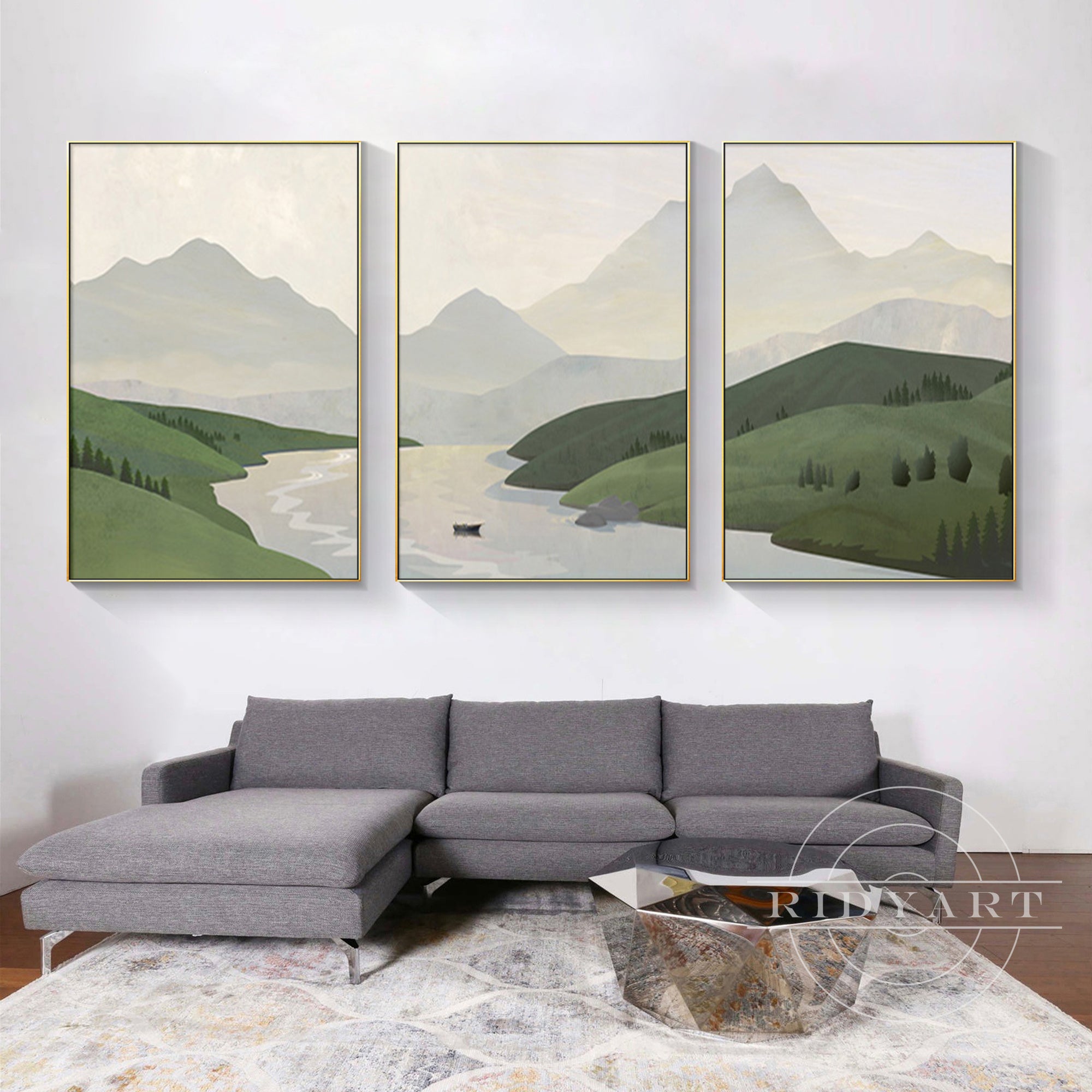 Elegant mountain oil painting set – green and gray tones with stream