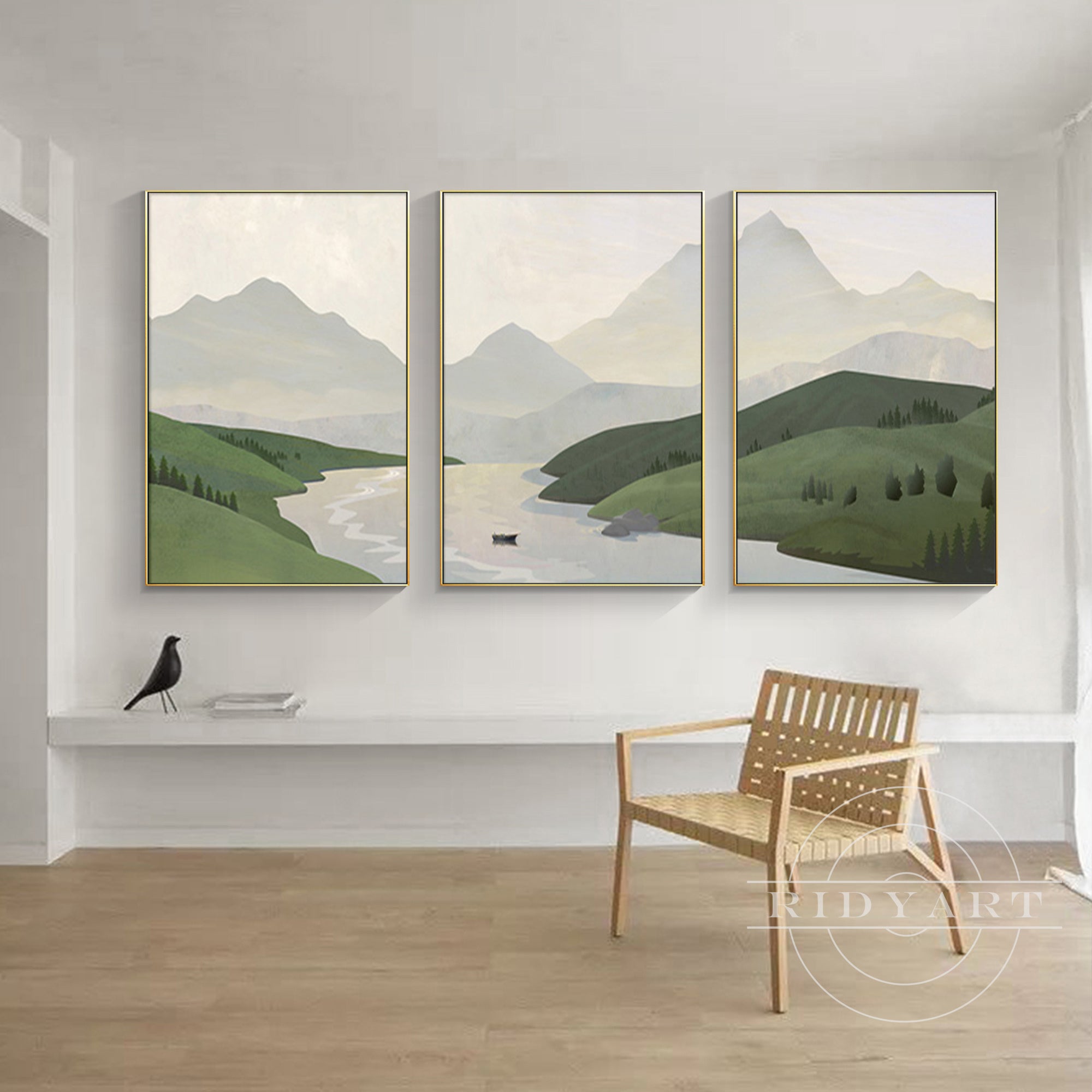 Sage Green and gray mountain triptych oil painting with stream