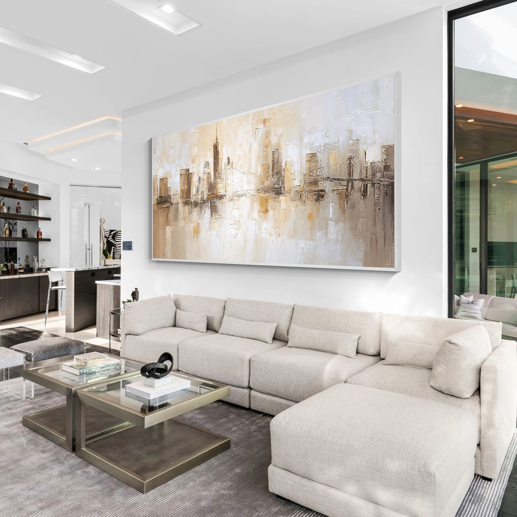 Beige abstract NYC skyline canvas wall art