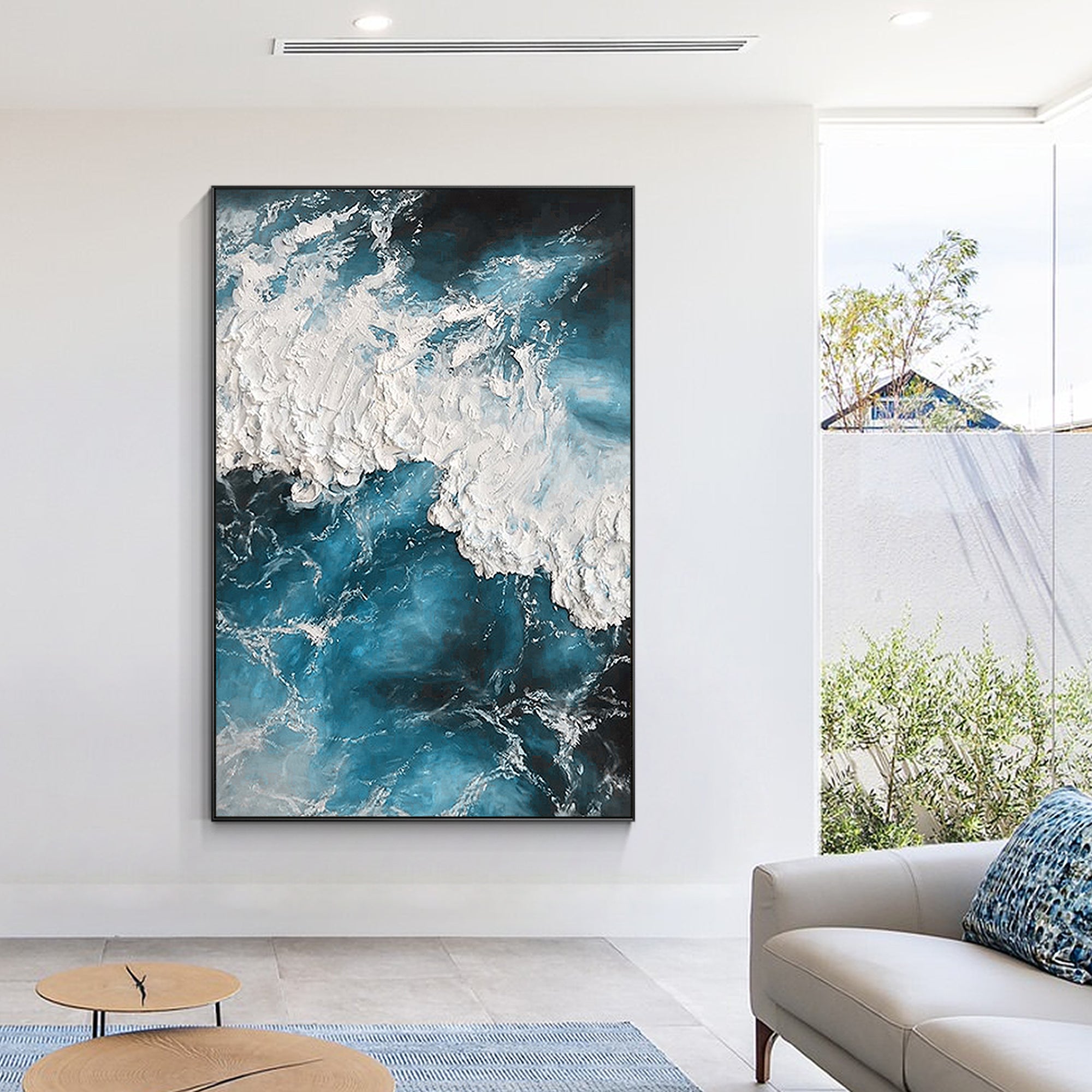 Navy blue ocean painting with heavy textured waves rolling across the surface