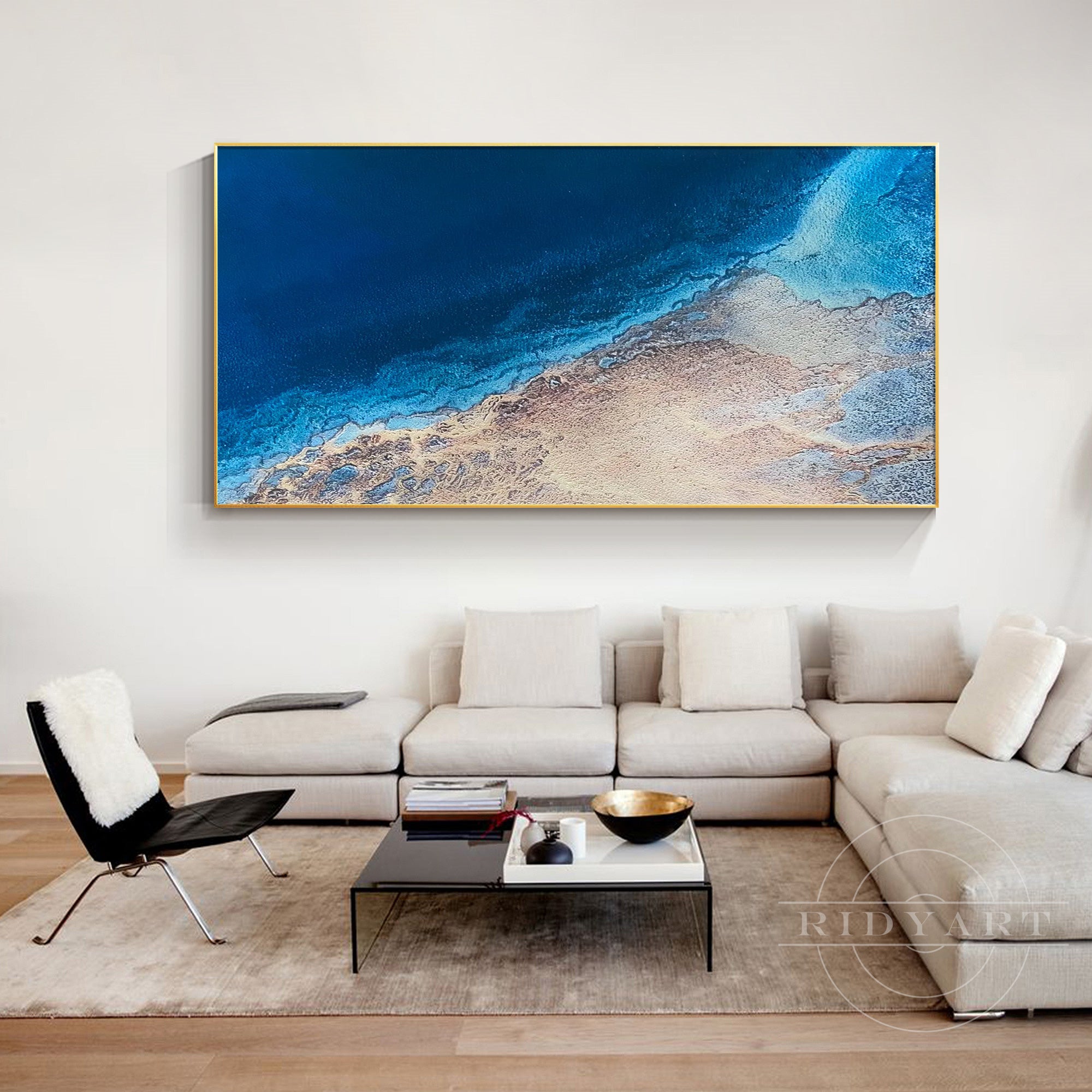 Abstract deep blue sea oil painting with textured brushstrokes