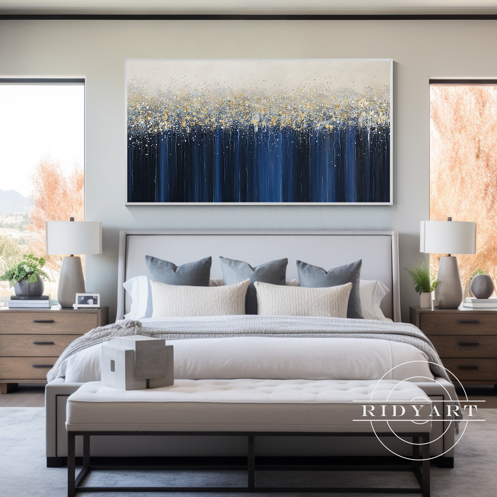 Hand-painted navy blue abstract gold wall art for modern home decor