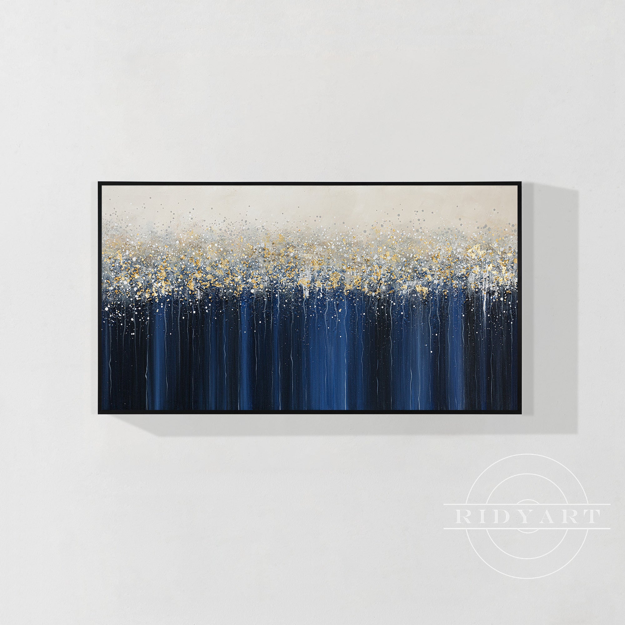 Hand-painted navy blue abstract gold wall art for modern home decor