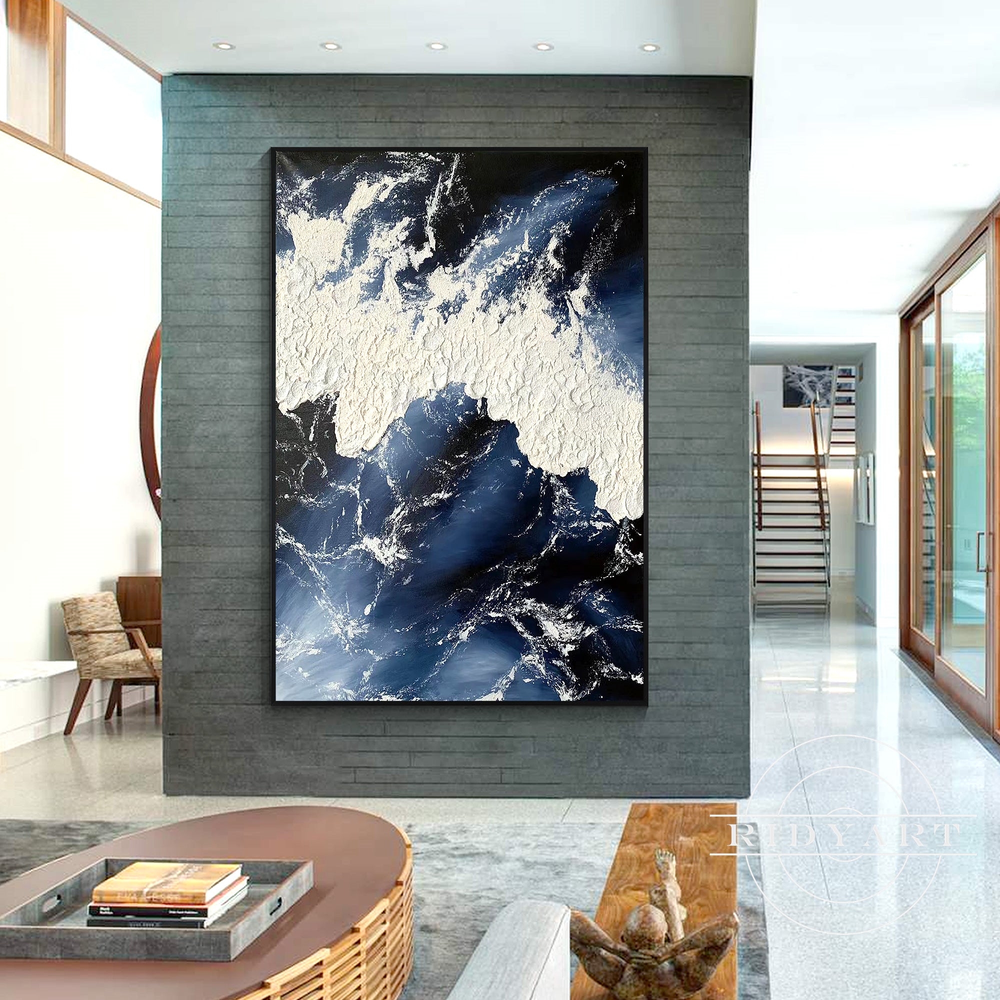 Hand-painted navy ocean abstract white wall art for modern home decor