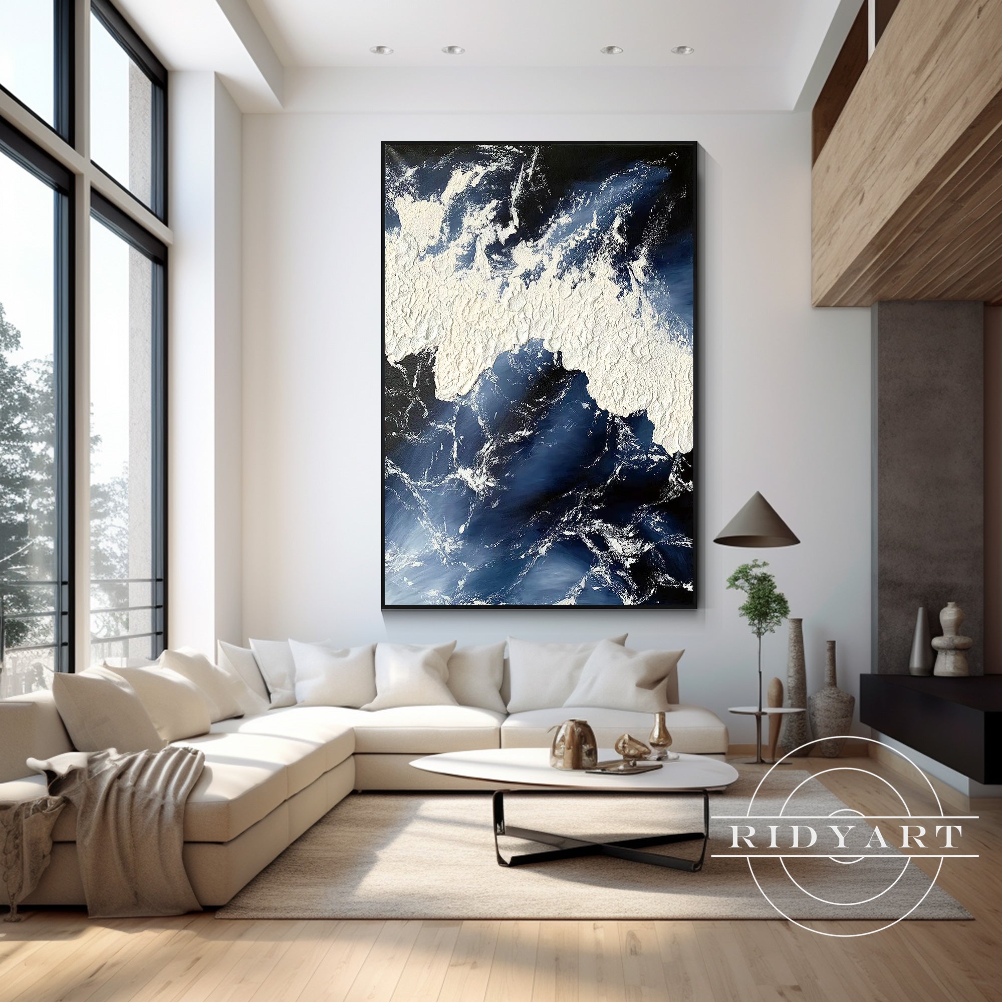 Hand-painted navy ocean abstract white wall art for modern home decor