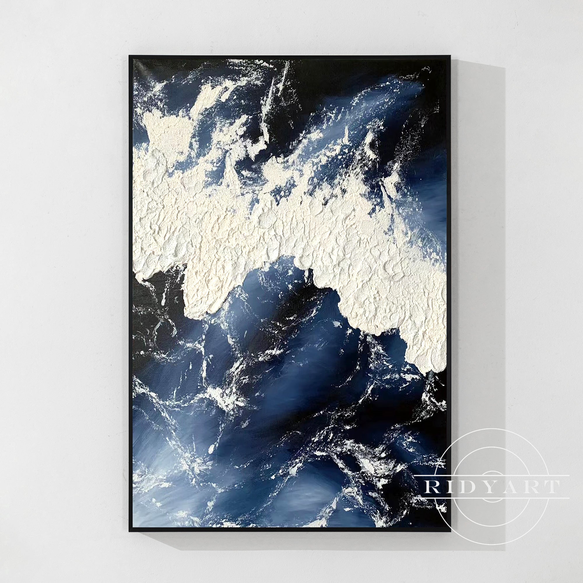 Hand-painted navy ocean abstract white wall art for modern home decor