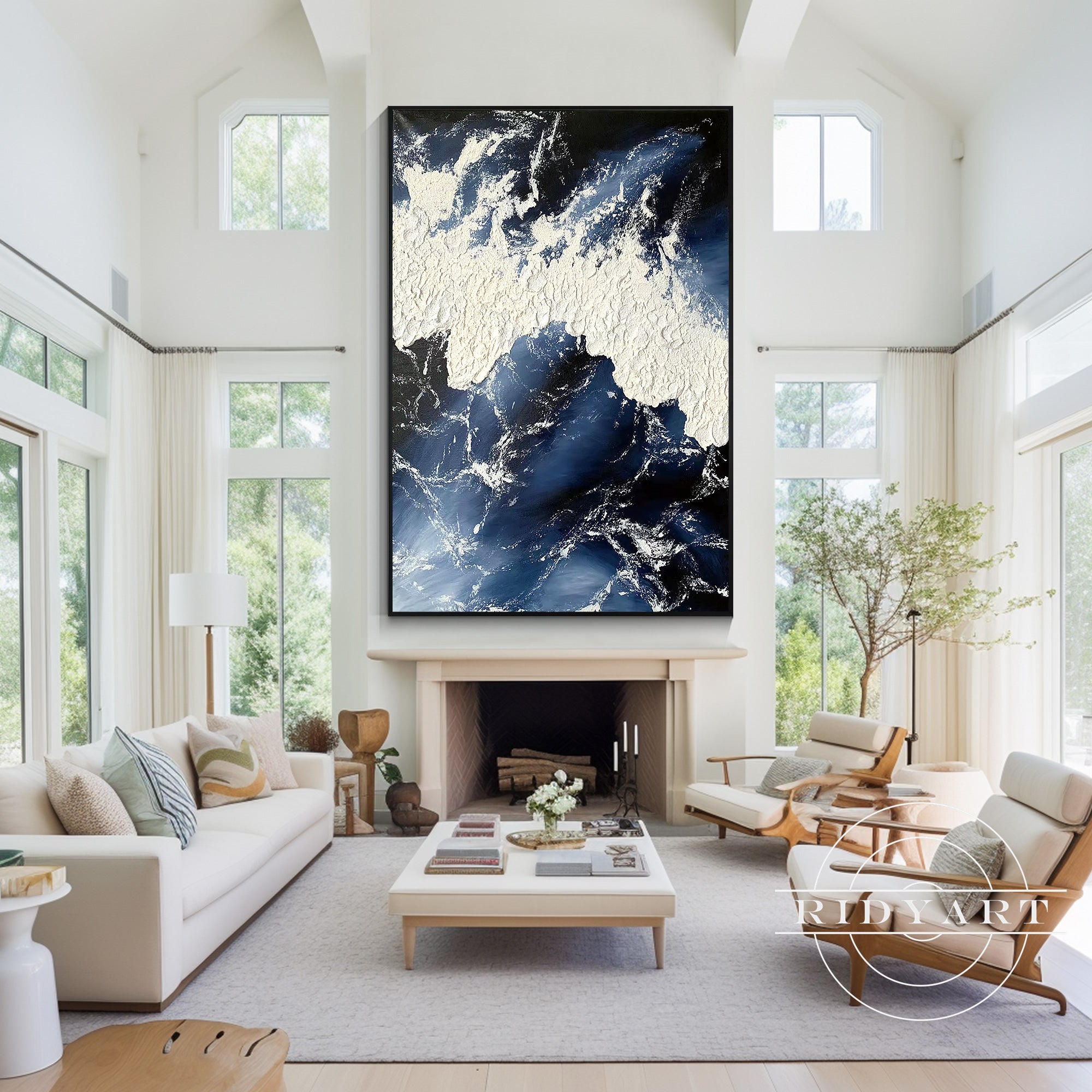 Hand-painted navy ocean abstract white wall art for modern home decor