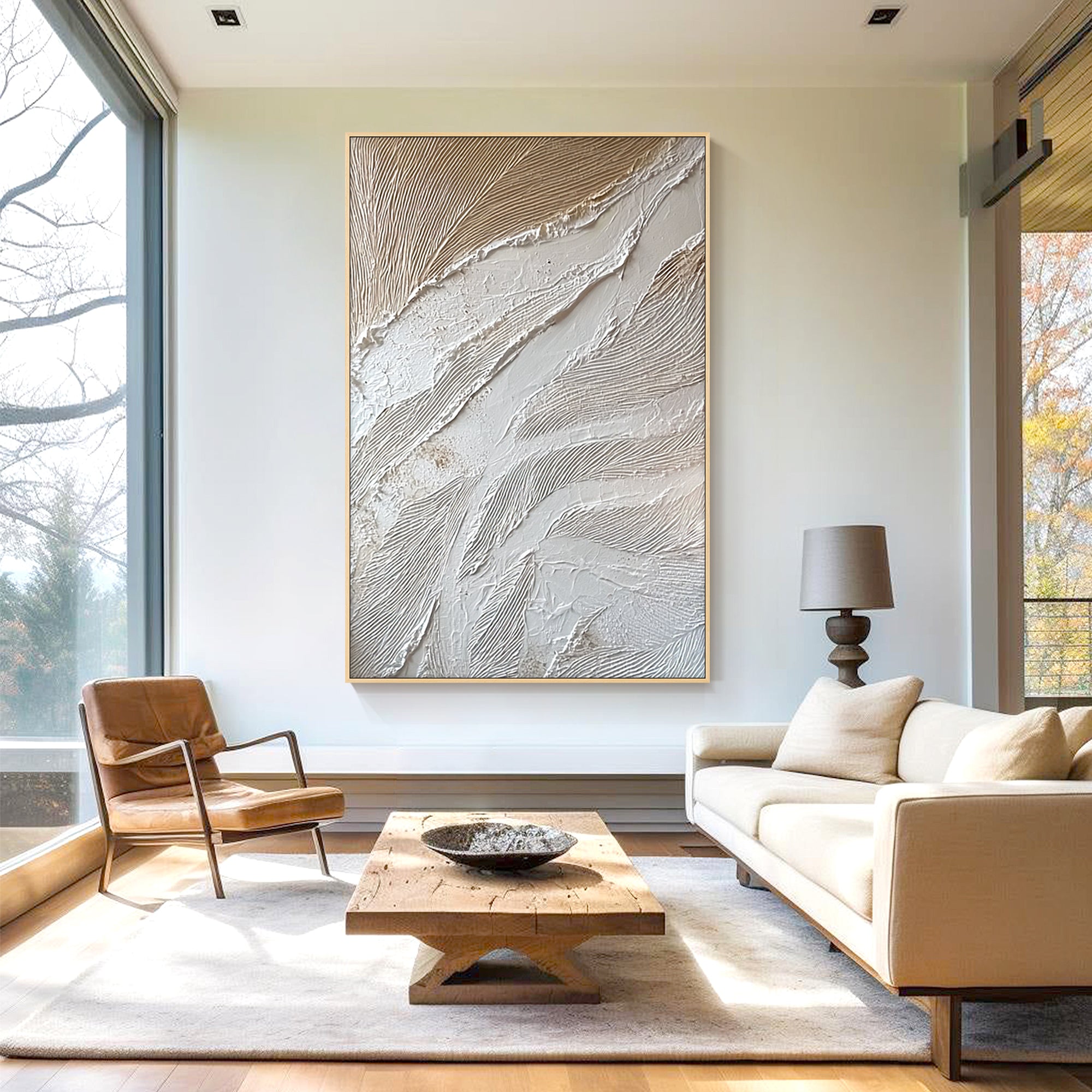 Large white textured wall decor in cozy modern lounge