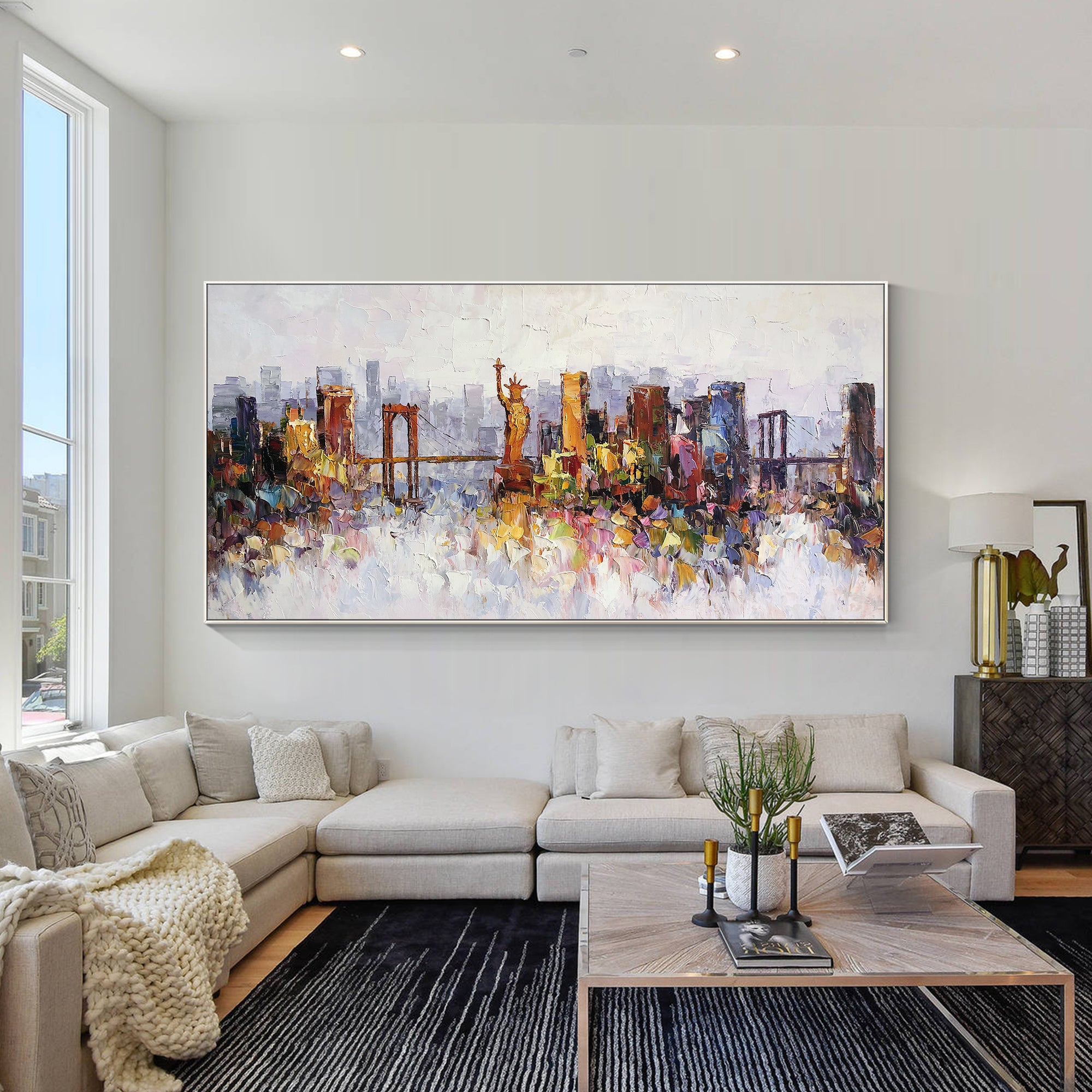 textured new york skyline oil painting city wall art