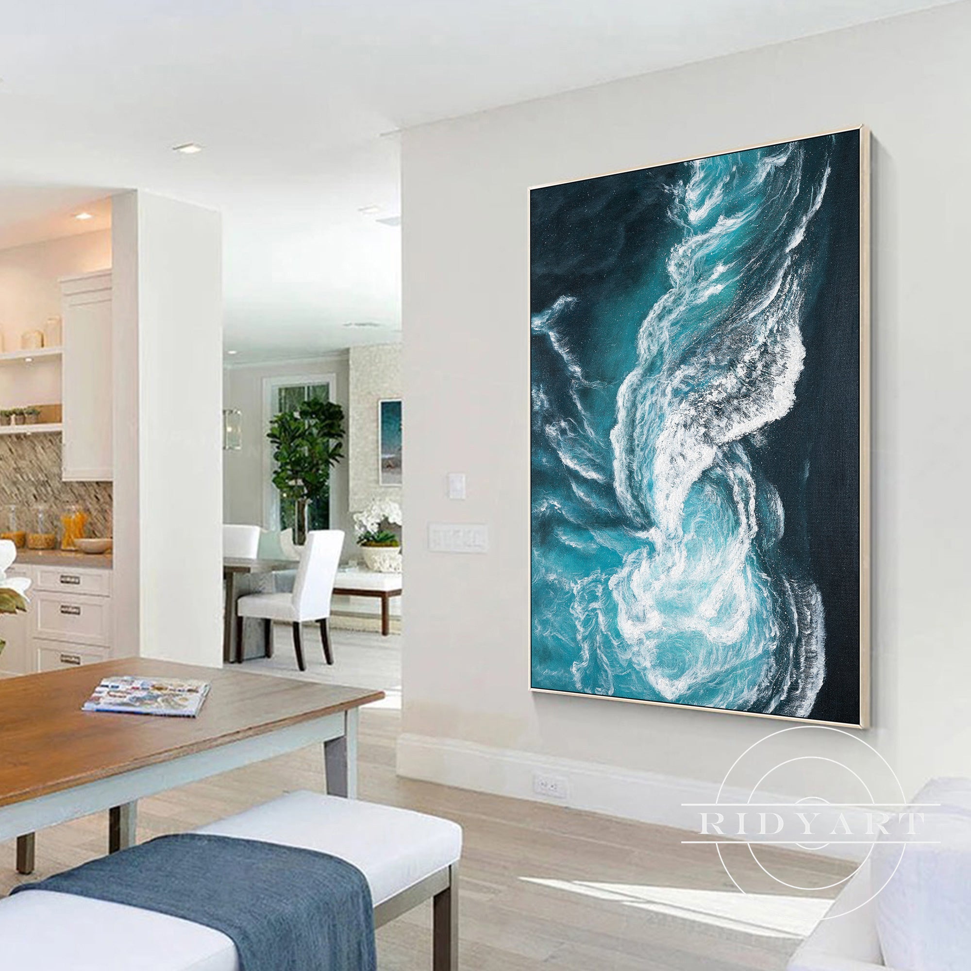 Ocean Wave Abstract Canvas Wall Art - Teal & White