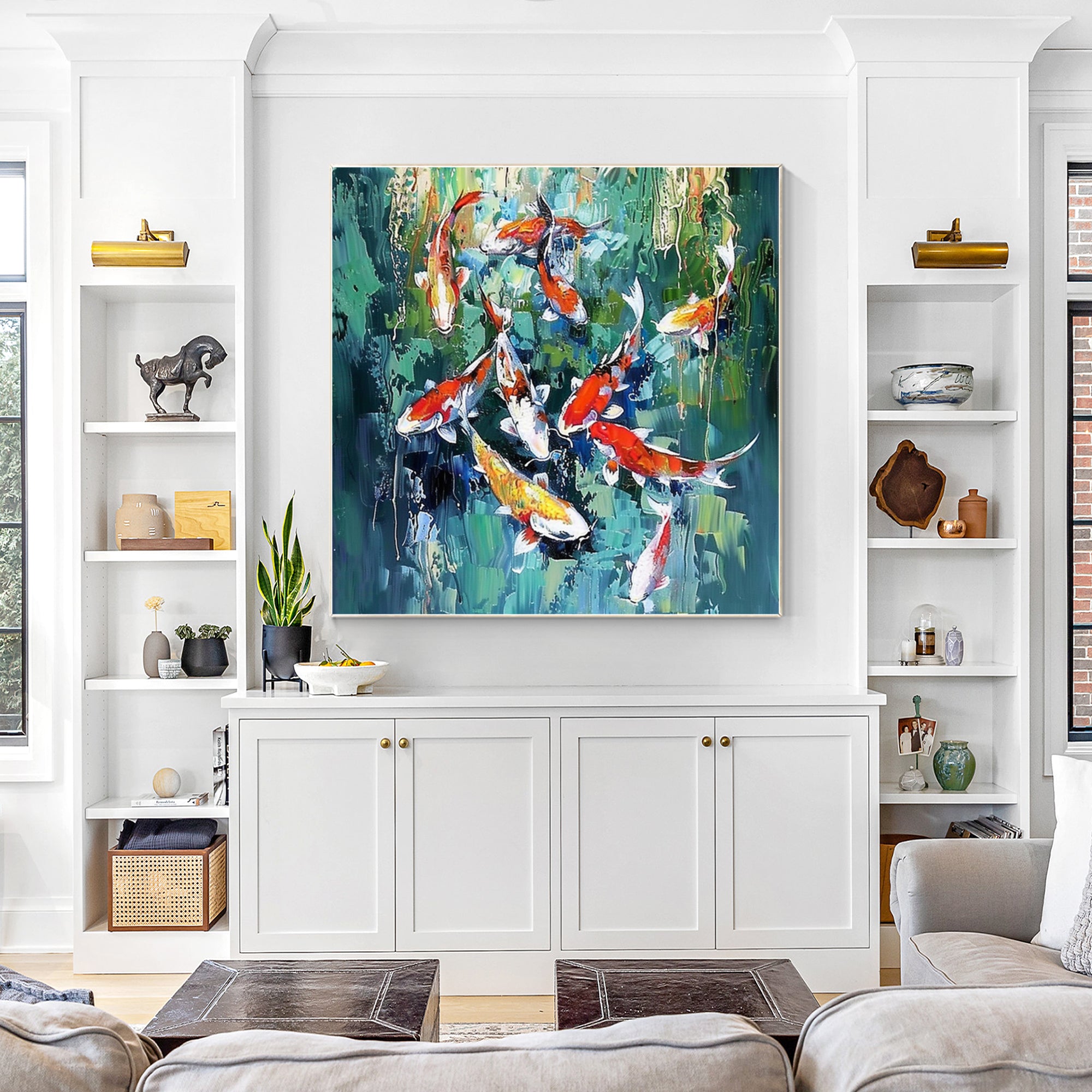 Original square koi fish painting in green tones, Feng Shui-inspired framed wall art for large living room decor or modern interiors.

