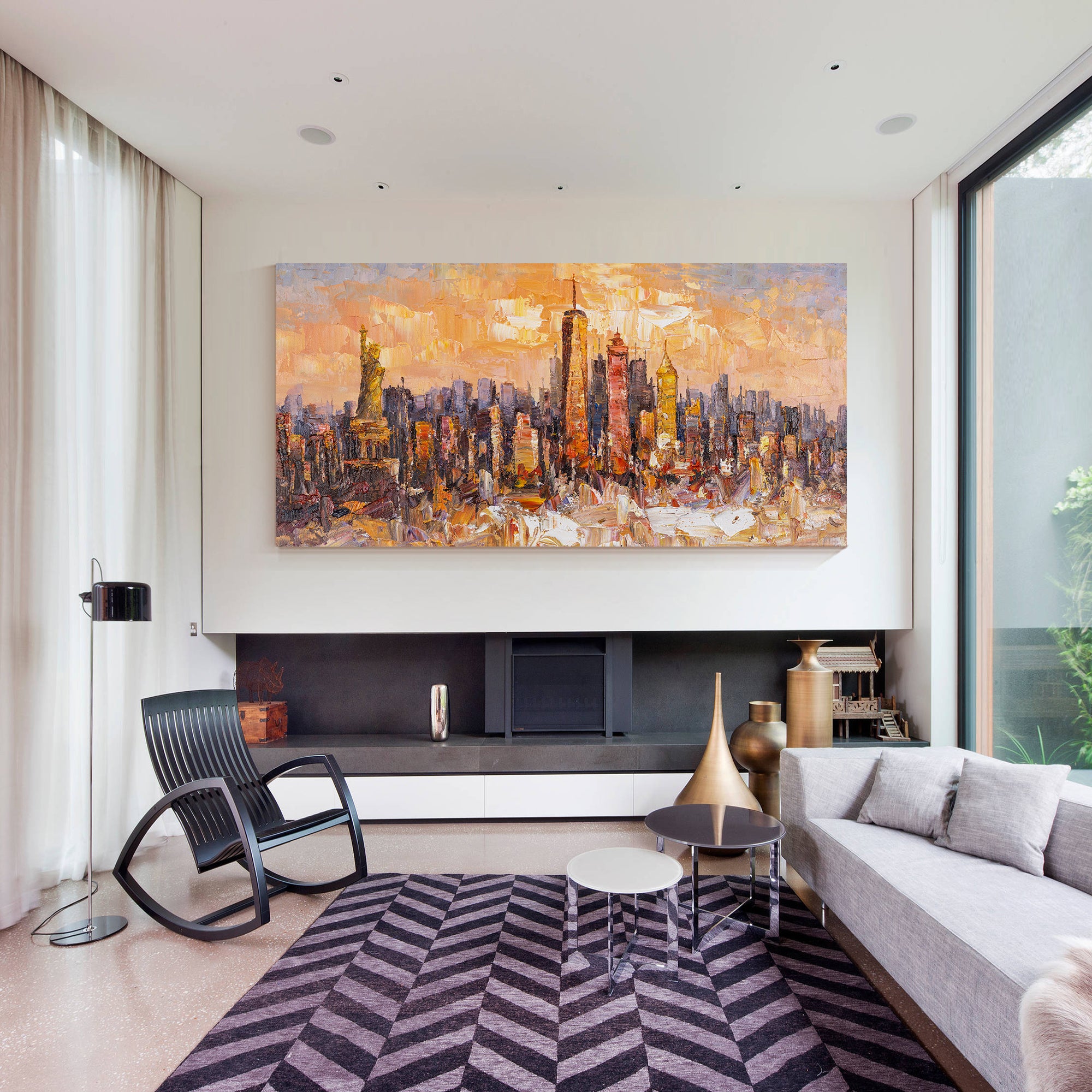 Original New York City skyline painting with textured abstract art featuring the Statue of Liberty, ideal for modern urban wall decor.

